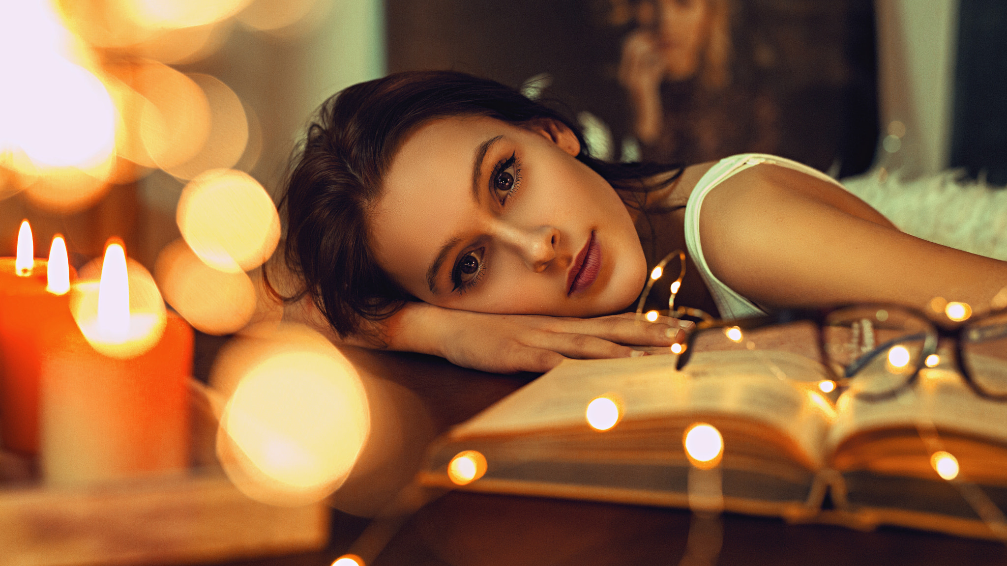 People 2048x1152 women brunette brown eyes books glasses candles looking at viewer