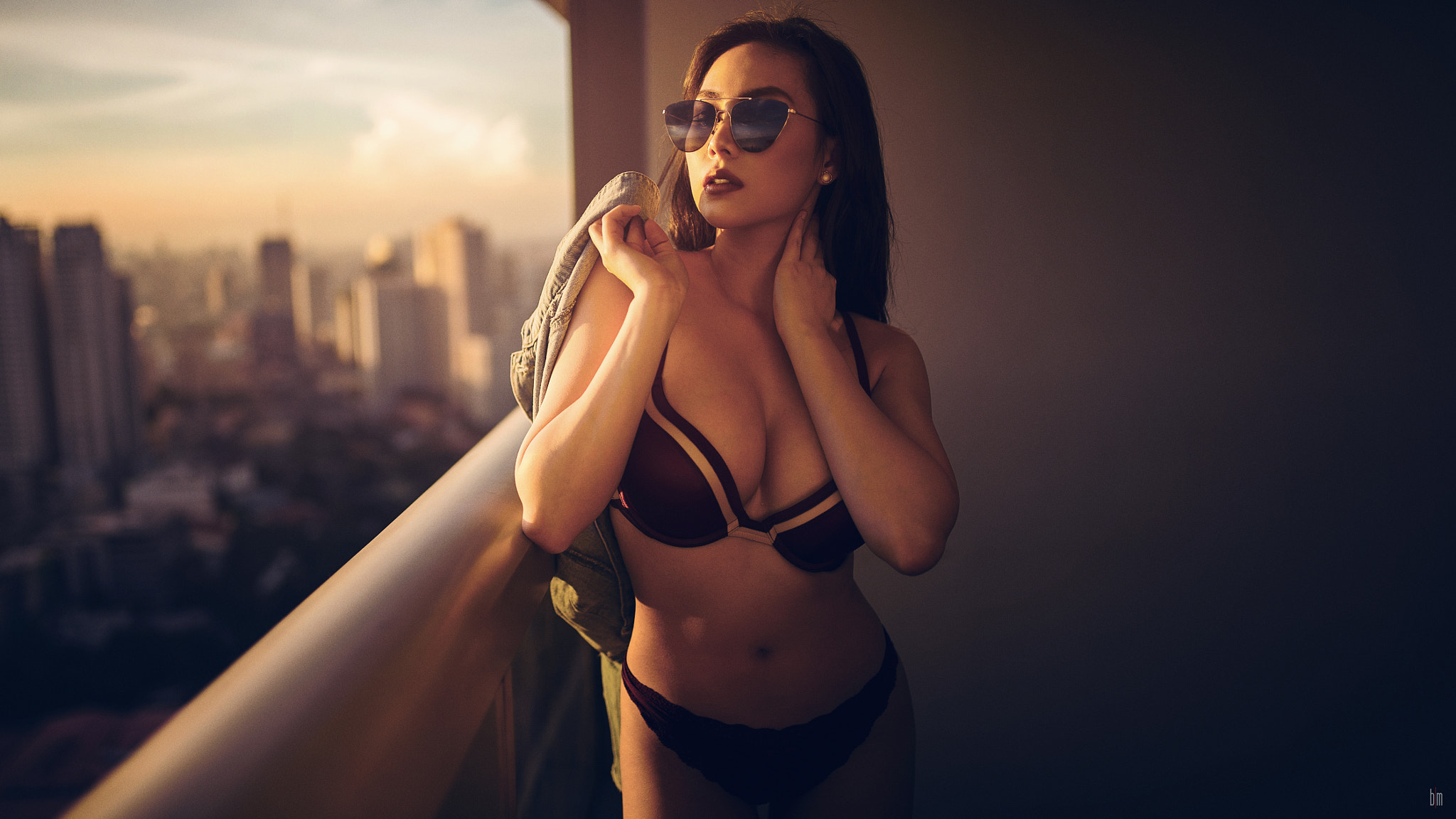 People 2048x1152 women Asian sunglasses balcony belly lingerie depth of field sunset brunette Bry Manaloto