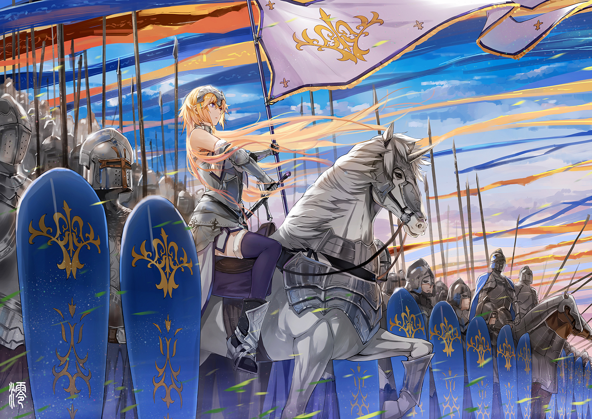 Anime 1920x1358 Fate series anime girls Fate/Apocrypha  Fate/Grand Order battle flag army female warrior armored woman 2D thighs bare shoulders bangs shield hair blowing in the wind long hair Jeanne d'Arc (Fate) Ruler (Fate/Apocrypha) women with swords alternate hairstyle blue eyes low-angle sunset anime horse riding spear fan art blonde knight