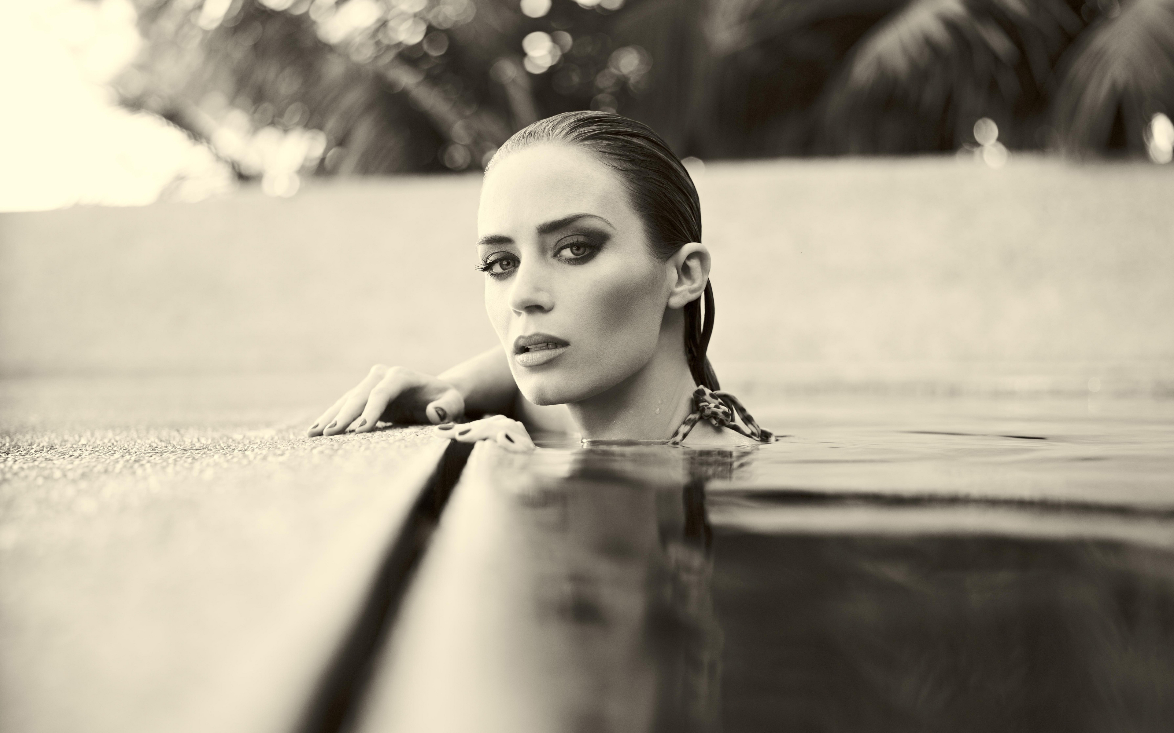 People 3840x2400 Emily Blunt actress depth of field looking at viewer beige sepia wet hair face women