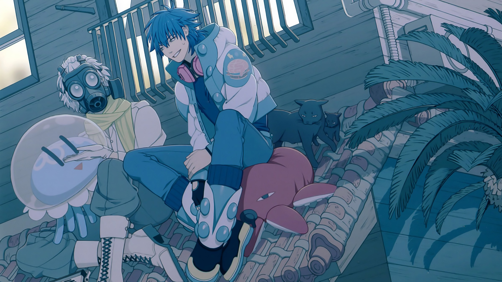 Anime 1920x1080 anime anime boys DRAMAtical Murder blue hair short hair rooftops cats