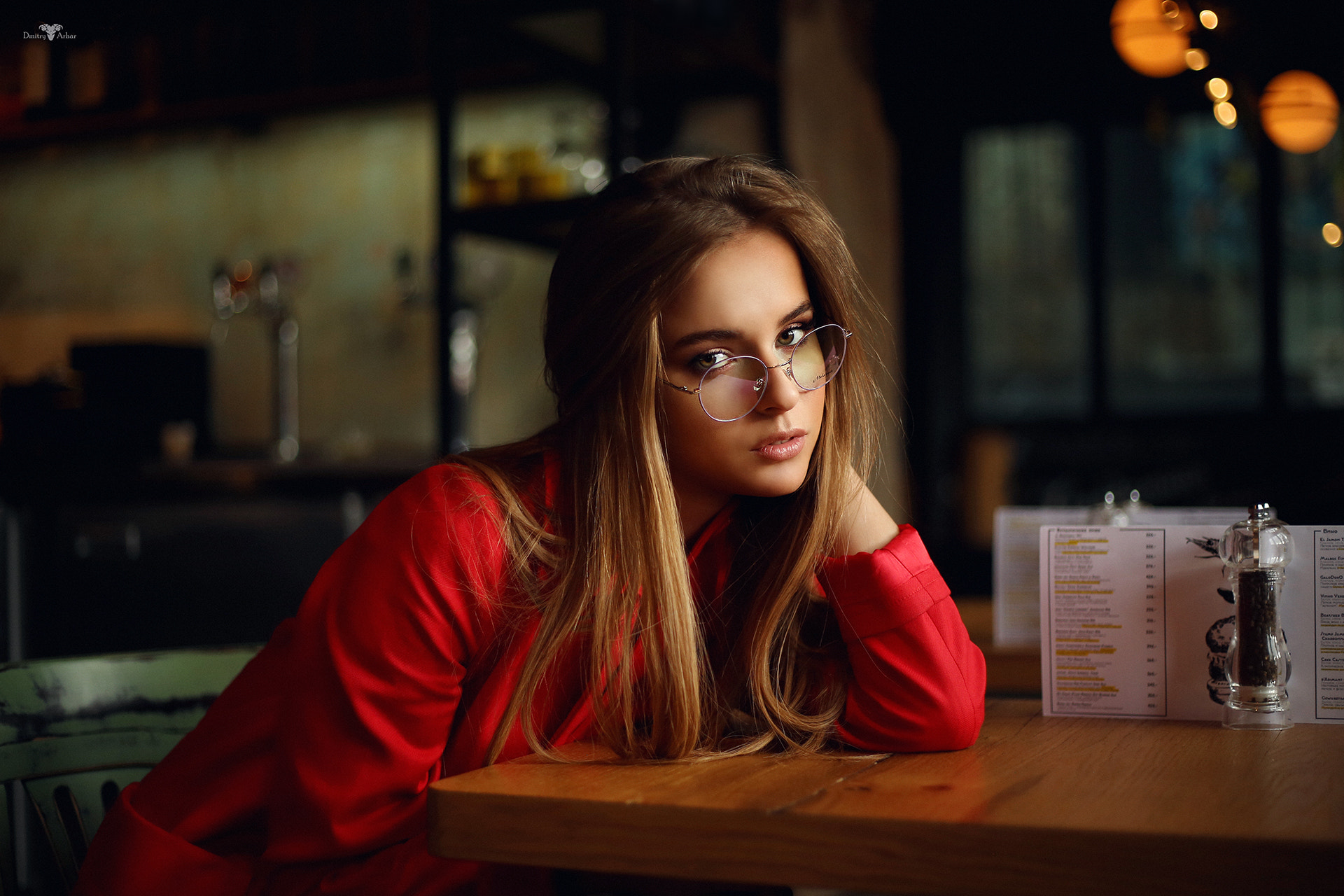 People 1920x1280 women Dmitry Arhar blonde sitting chair table women with glasses pink lipstick red clothing cafe cafeteria  women indoors Elena Alenskaya watermarked