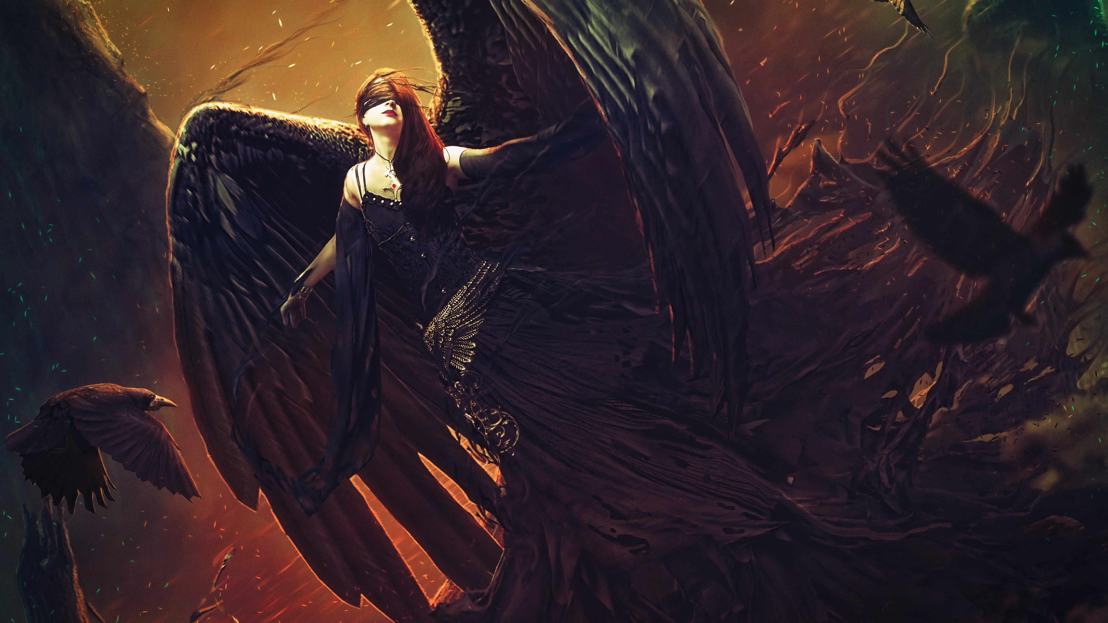 General 3840x2160 angel fantasy art artwork fan art science fiction concept art long hair shadow redhead raven black dress