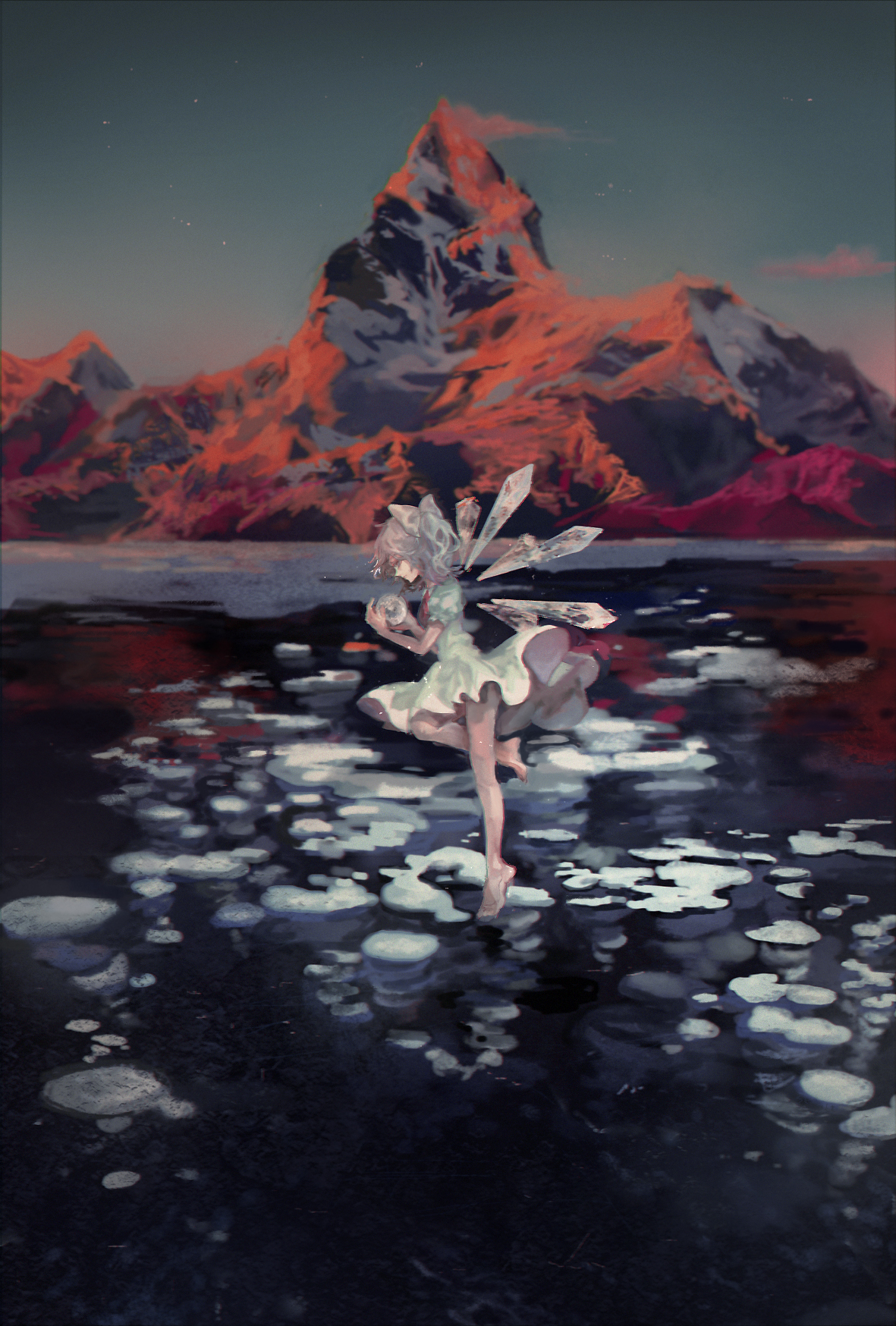 Anime 1181x1748 Touhou Cirno scenery anaglyphic portrait display lake mountain view wings anime girls