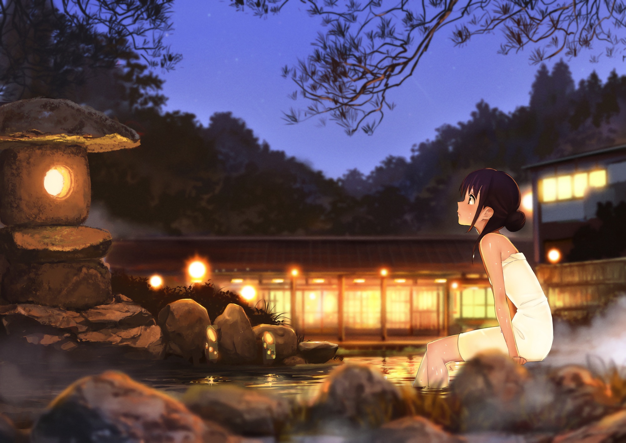 Anime 2000x1414 towel sky night landscape onsen hot spring anime girls domo1220 bathing