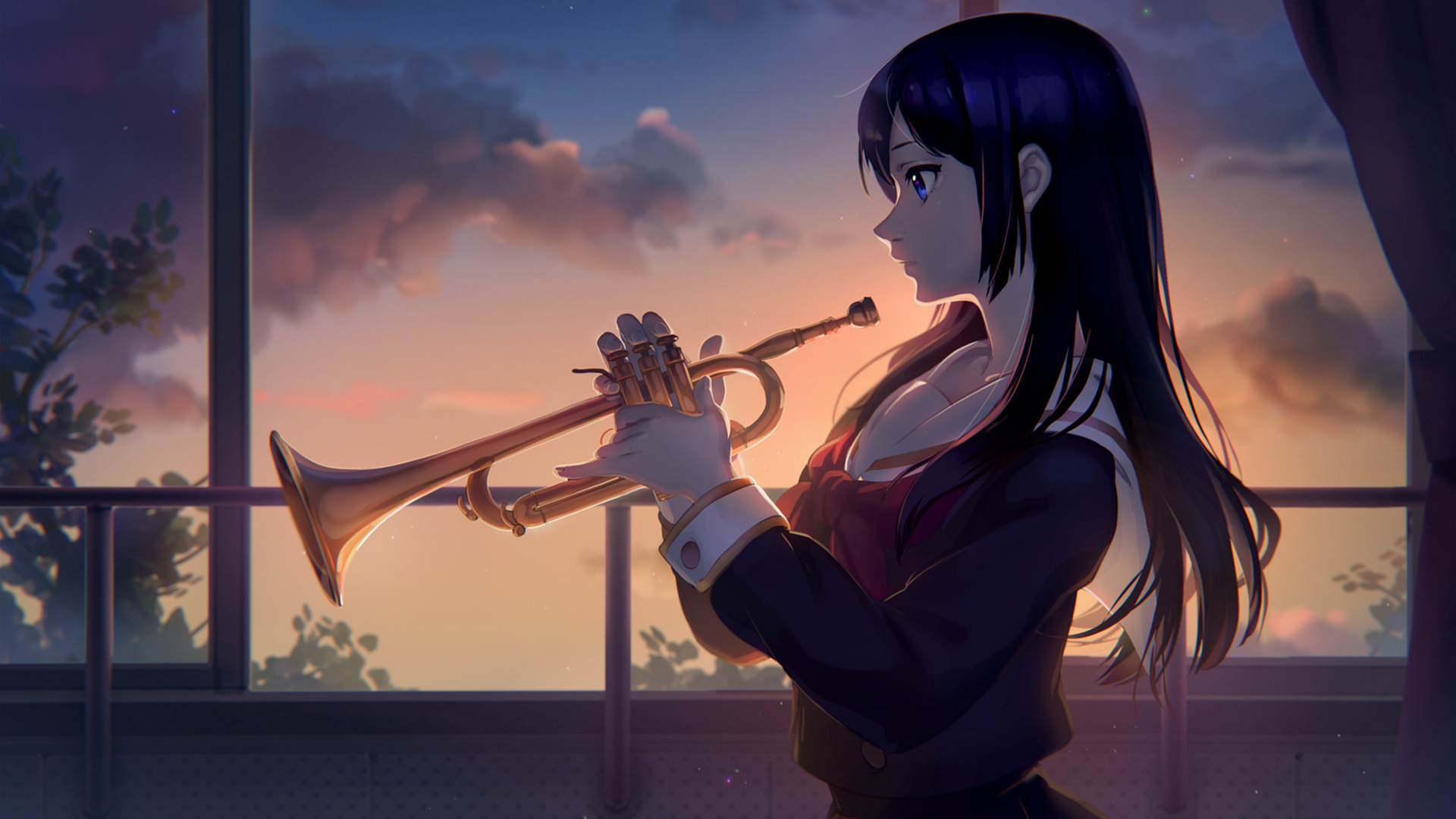 Anime 1920x1080 anime anime girls Kousaka Reina Hibike! Euphonium long hair blue eyes trumpet evening window school uniform clouds dark hair musical instrument musician music