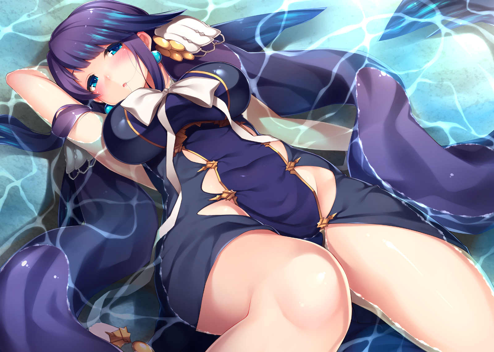 Anime 1600x1140 aqua eyes blushing boobs long hair nopan purple hair twintails water