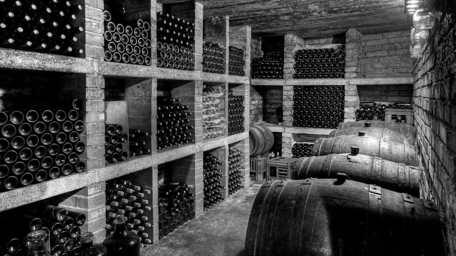 General 1920x1080 monochrome photography cellars bottles barrels wine shelves drinking glass bricks cork