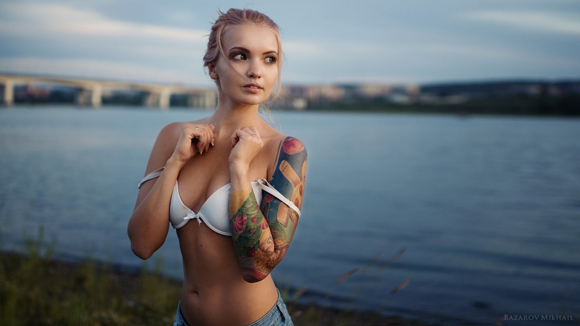 People 1920x1080 women outdoors 500px tattoo bra women Mikhail Bazarov white bra watermarked cropped