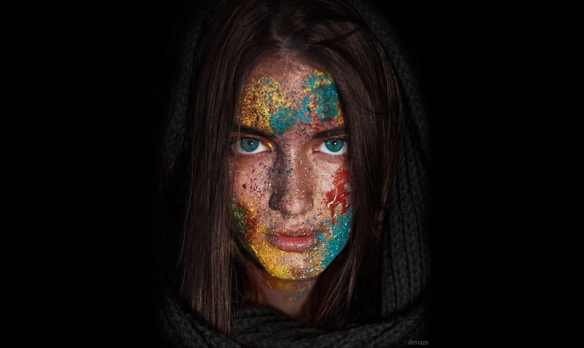 People 1920x1144 women brunette simple background scarf face dirty portrait makeup Dim Khokhlov blue eyes