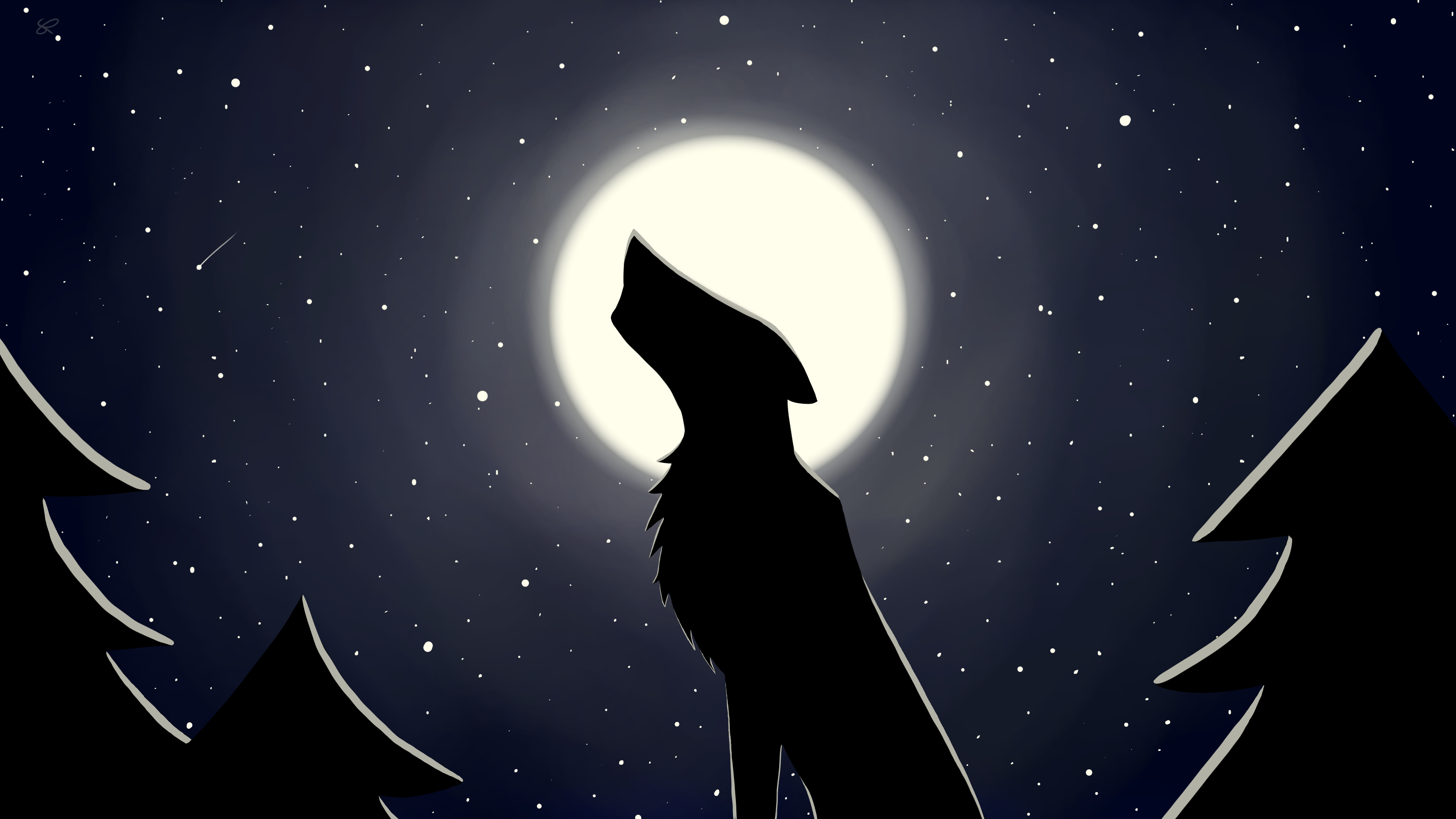 General 3840x2160 Moon wolf night stars silhouette howling digital art low light