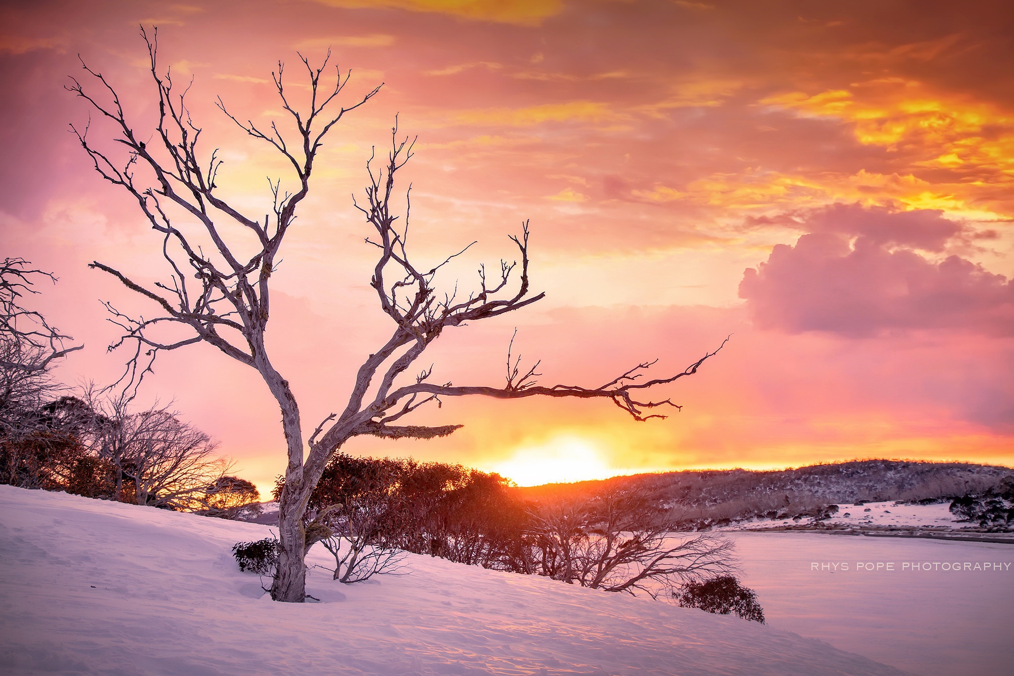 General 2048x1365 sky sunlight winter nature snow colorful landscape orange pink sunset clouds trees