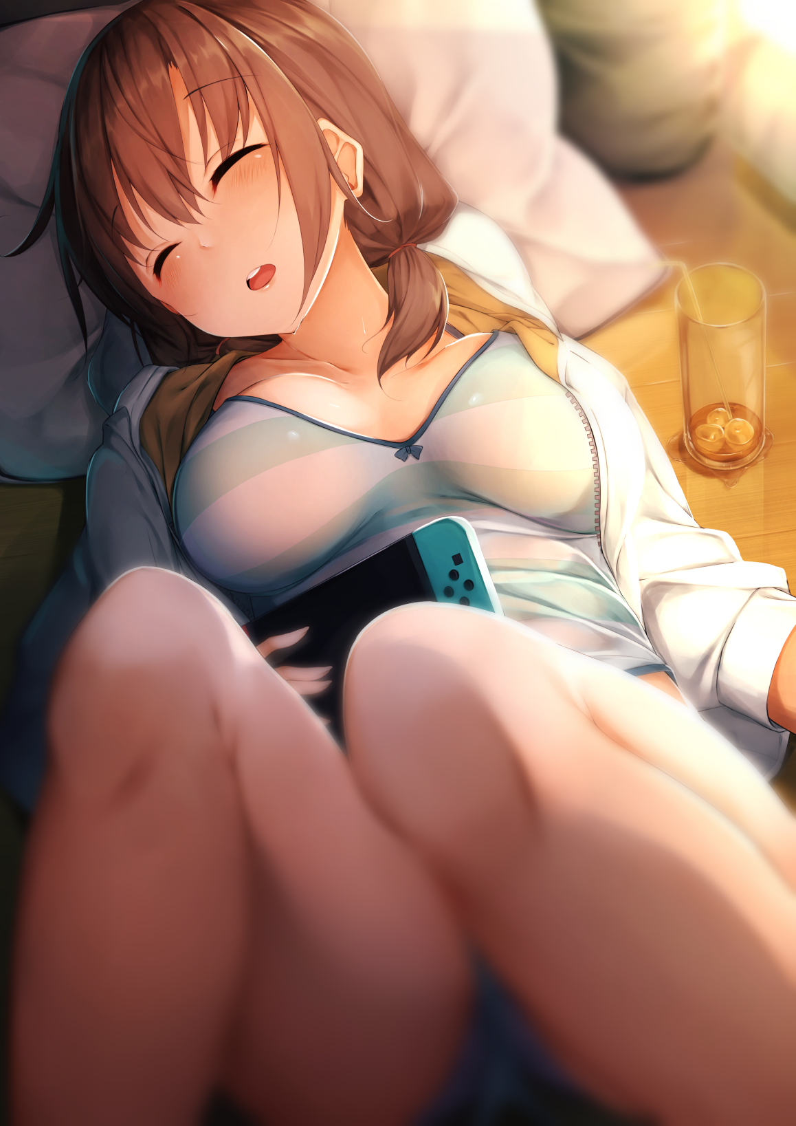 Anime 1158x1637 original characters cleavage Nintendo Switch Rerrere anime girls sleeping brunette