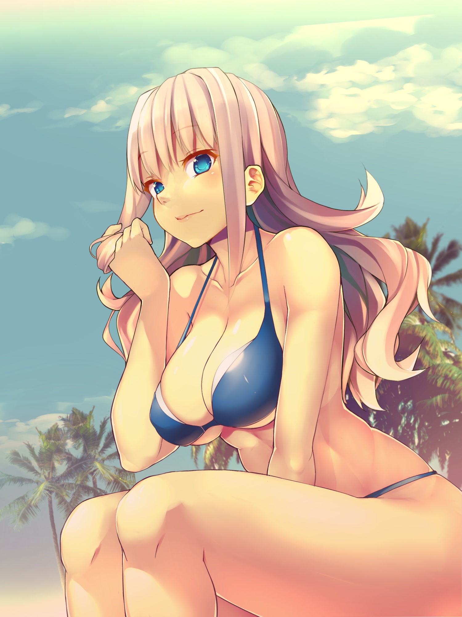 Anime 1500x2000 original characters bikini cleavage blue eyes low-angle anime anime girls clouds palm trees big boobs blue bikini pink hair looking at viewer legs legs together twirling hair thighs together thighs beach