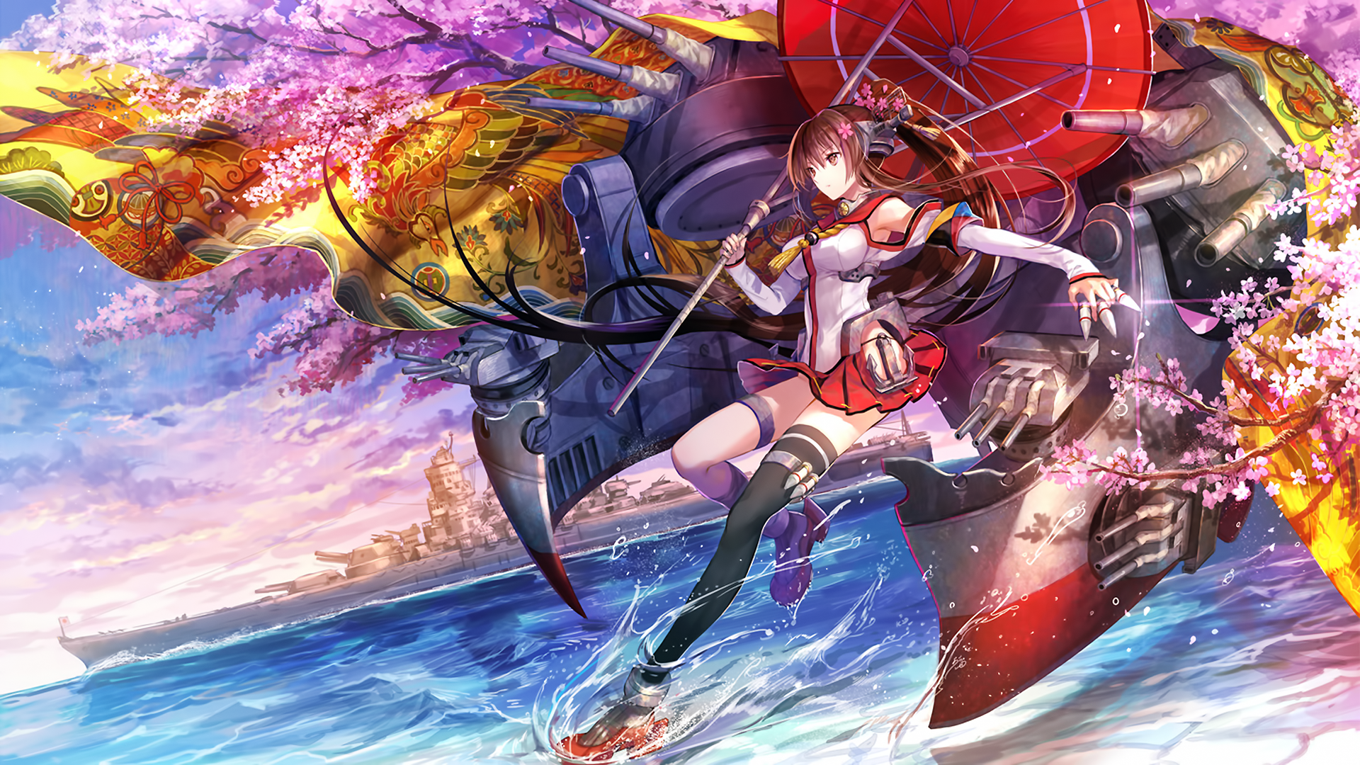 Anime 1920x1080 Kantai Collection anime girls colorful anime brunette thighs legs umbrella dress weapon vehicle military vehicle