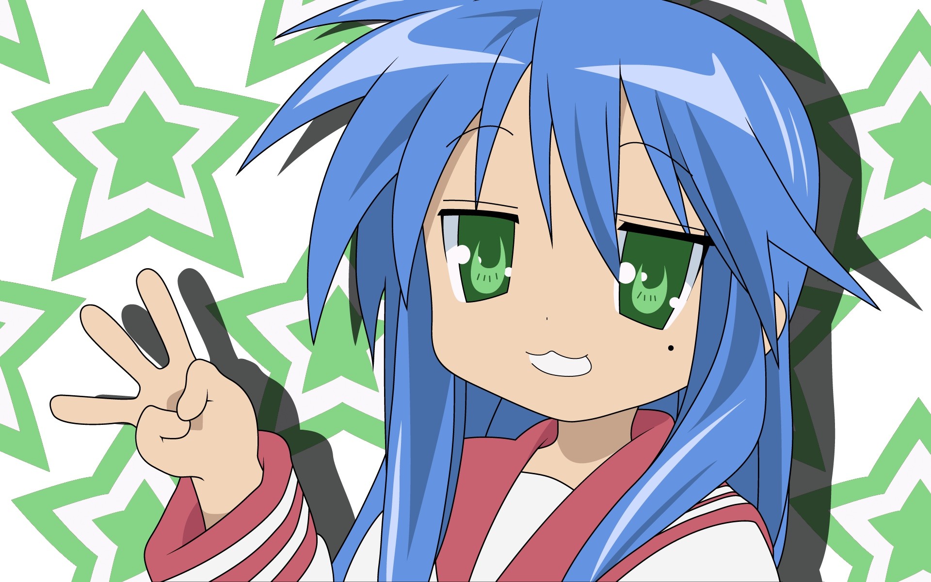 Anime 1920x1200 anime anime girls Lucky Star Izumi Konata blue hair hand gesture green eyes face long hair