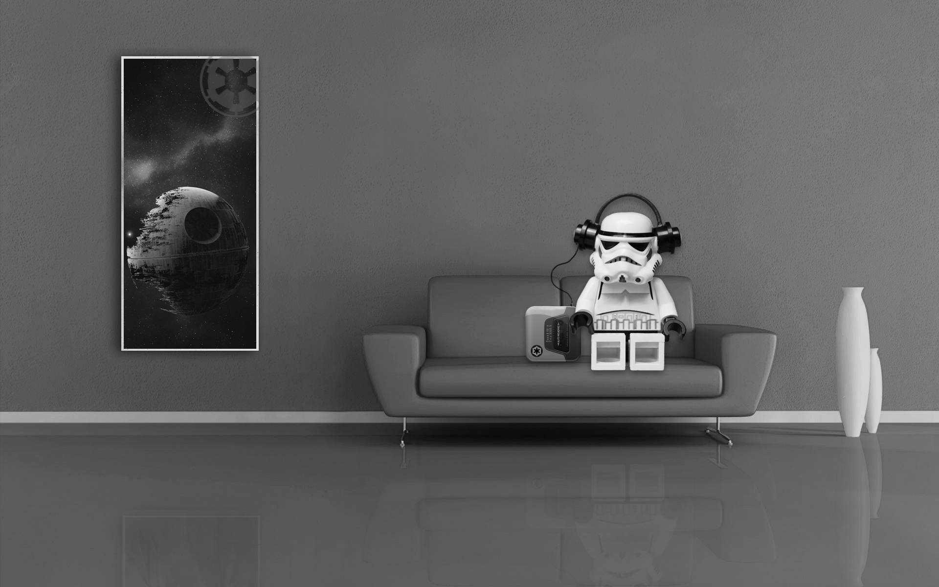 General 1920x1200 Star Wars LEGO Star Wars stormtrooper couch headphones music living rooms Death Star reflection toys digital art render monochrome humor minimalism LEGO Stormtrooper gray LEGO sitting Imperial Stormtrooper