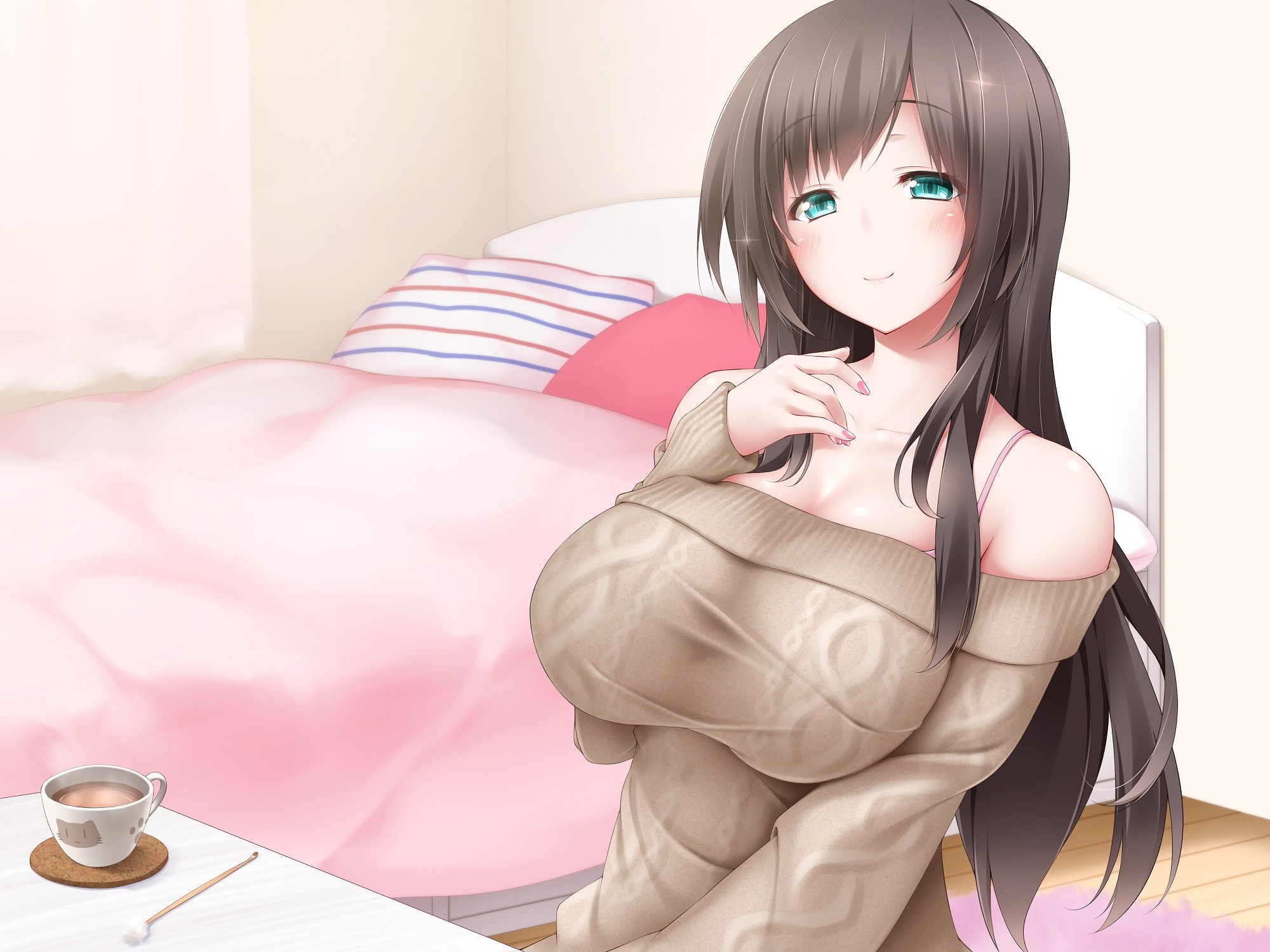 Anime 2000x1500 anime anime girls bra cleavage sweater long hair green eyes bed tea boobs big boobs huge breasts curvy cup smiling women indoors brunette looking at viewer