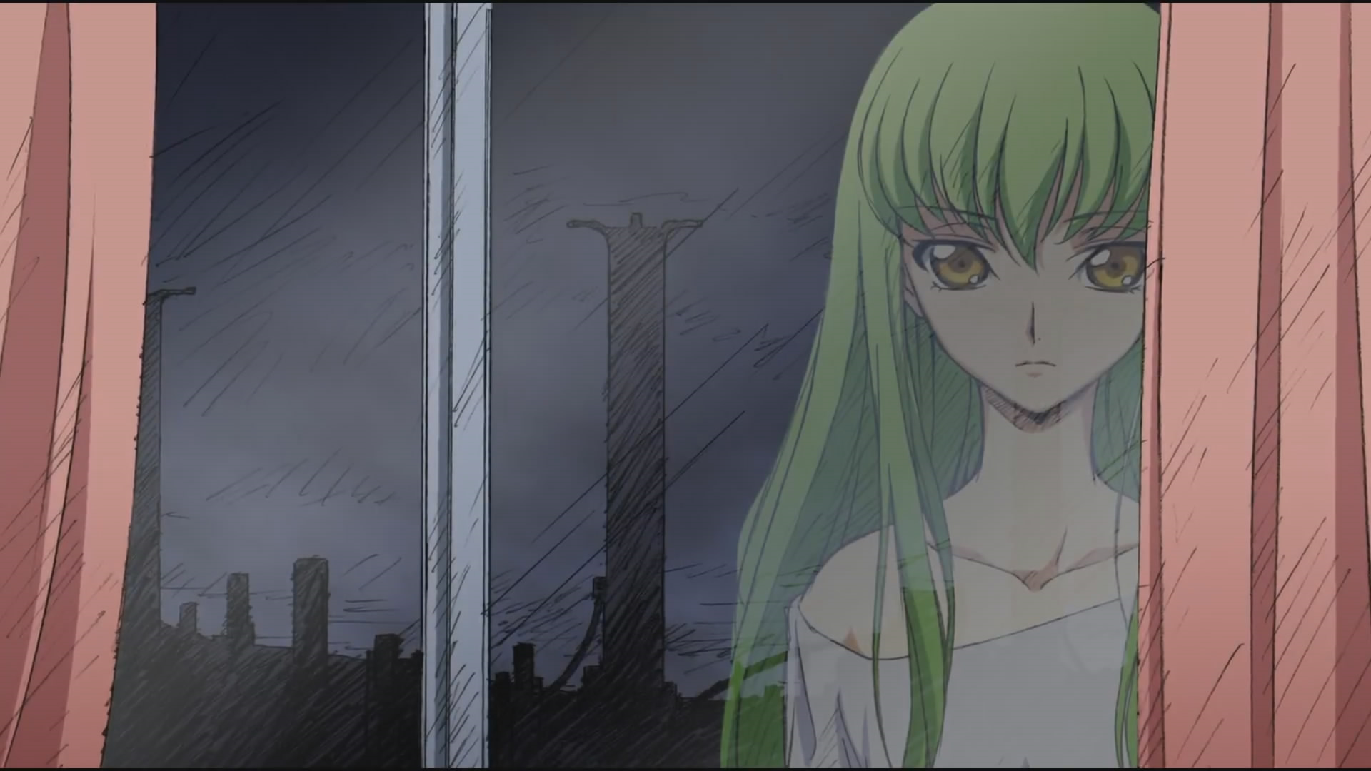 Anime 1920x1080 Code Geass anime girls green hair anime window yellow eyes looking out window long hair face