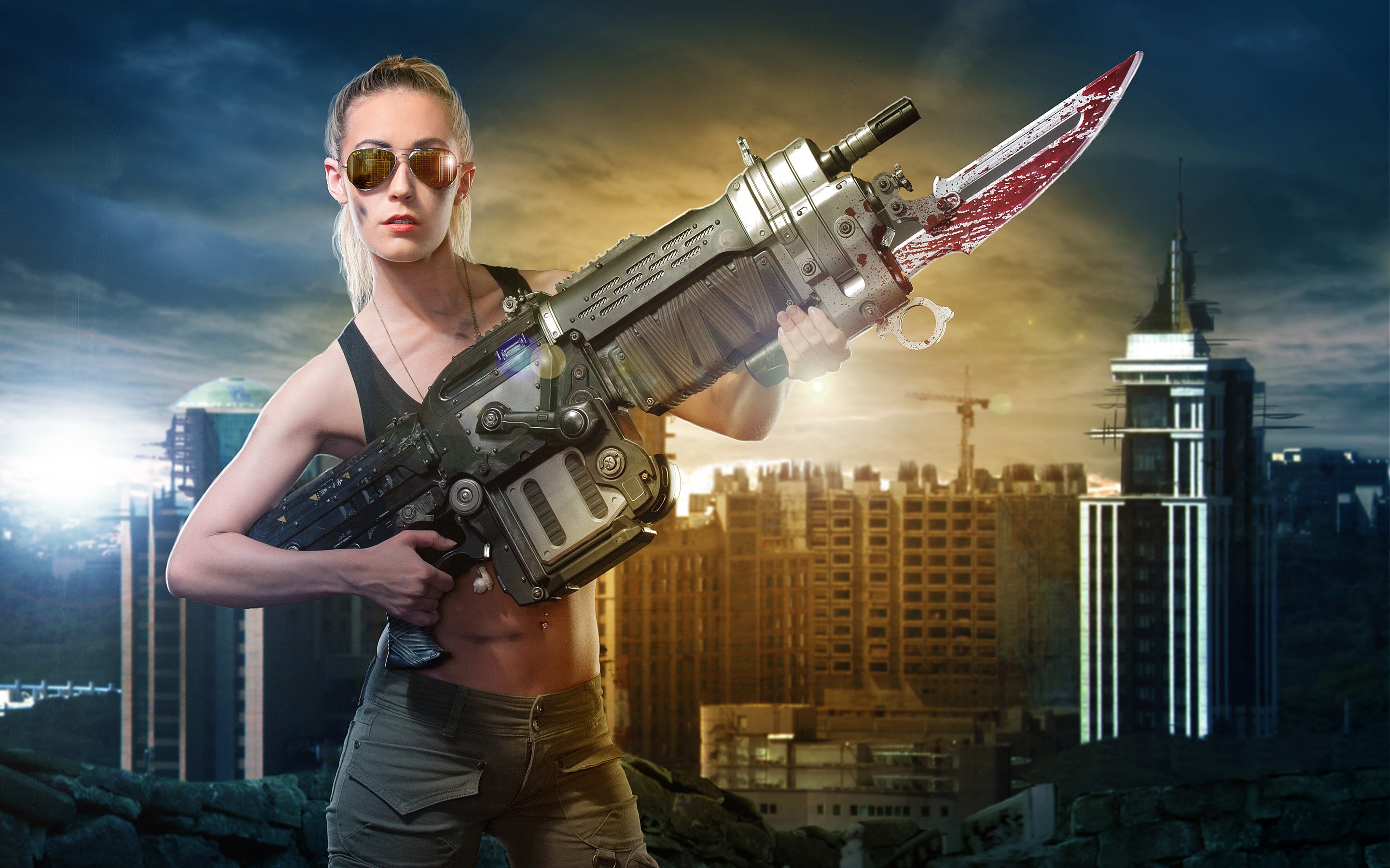 People 2880x1800 cosplay Gears of War model Gears of War 3 women digital art video games girls with guns blood sunglasses belly women with shades slim body weapon Futuristic Weapons standing video game girls