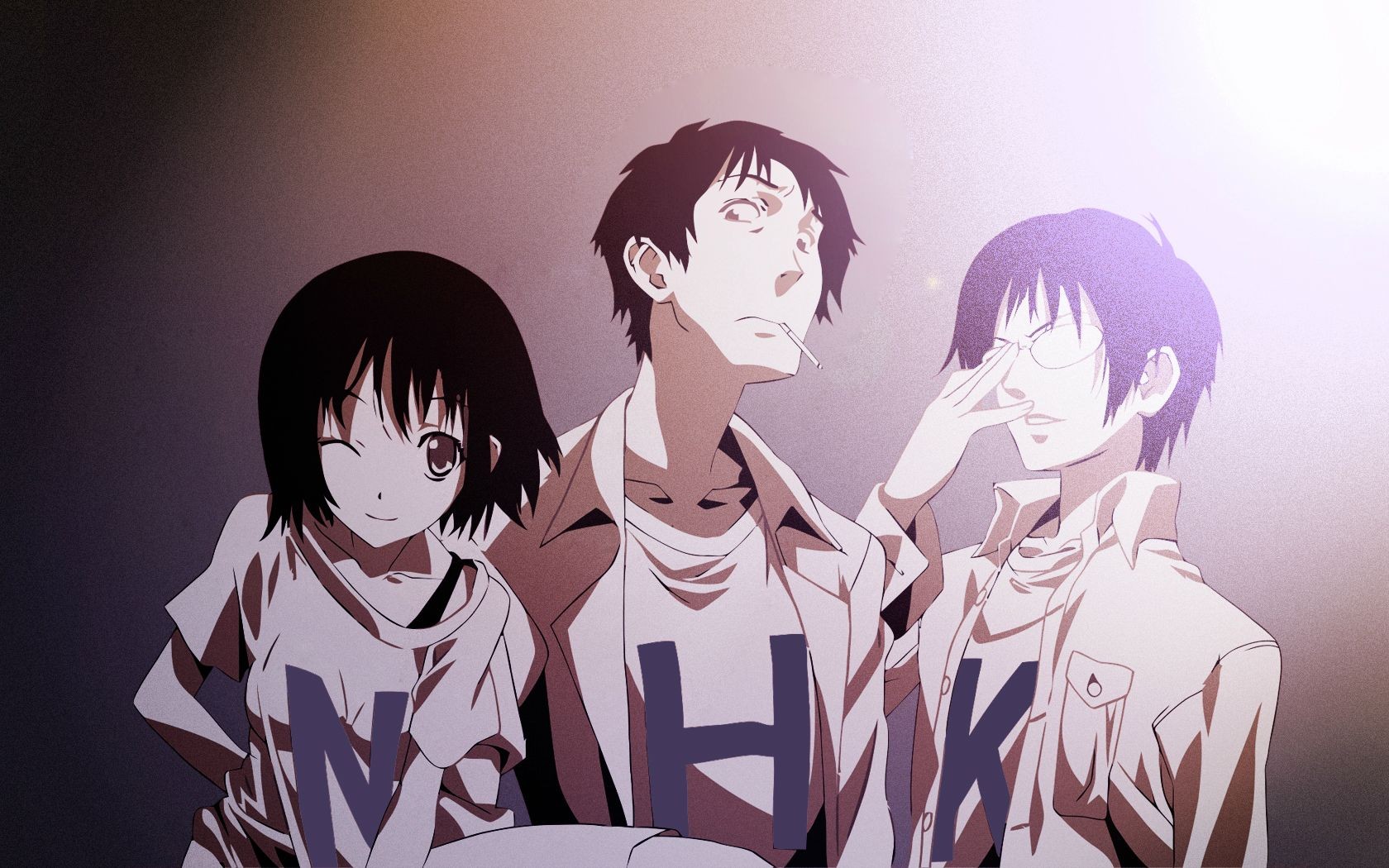 Anime 1680x1050 Welcome to the N.H.K. anime girls anime dark hair anime boys one eye closed cigarettes black hair glasses printed shirts simple background