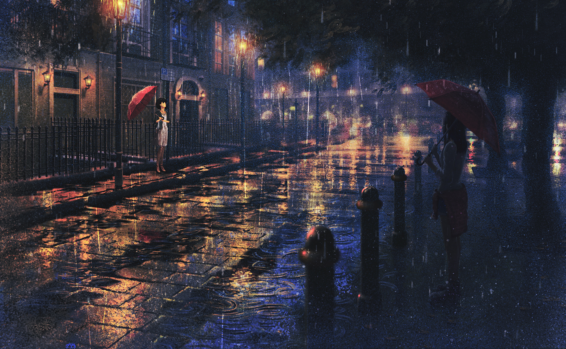 Anime 1920x1184 anime anime girls artwork rain umbrella night Natsu (artist) city women with umbrella two women women outdoors urban
