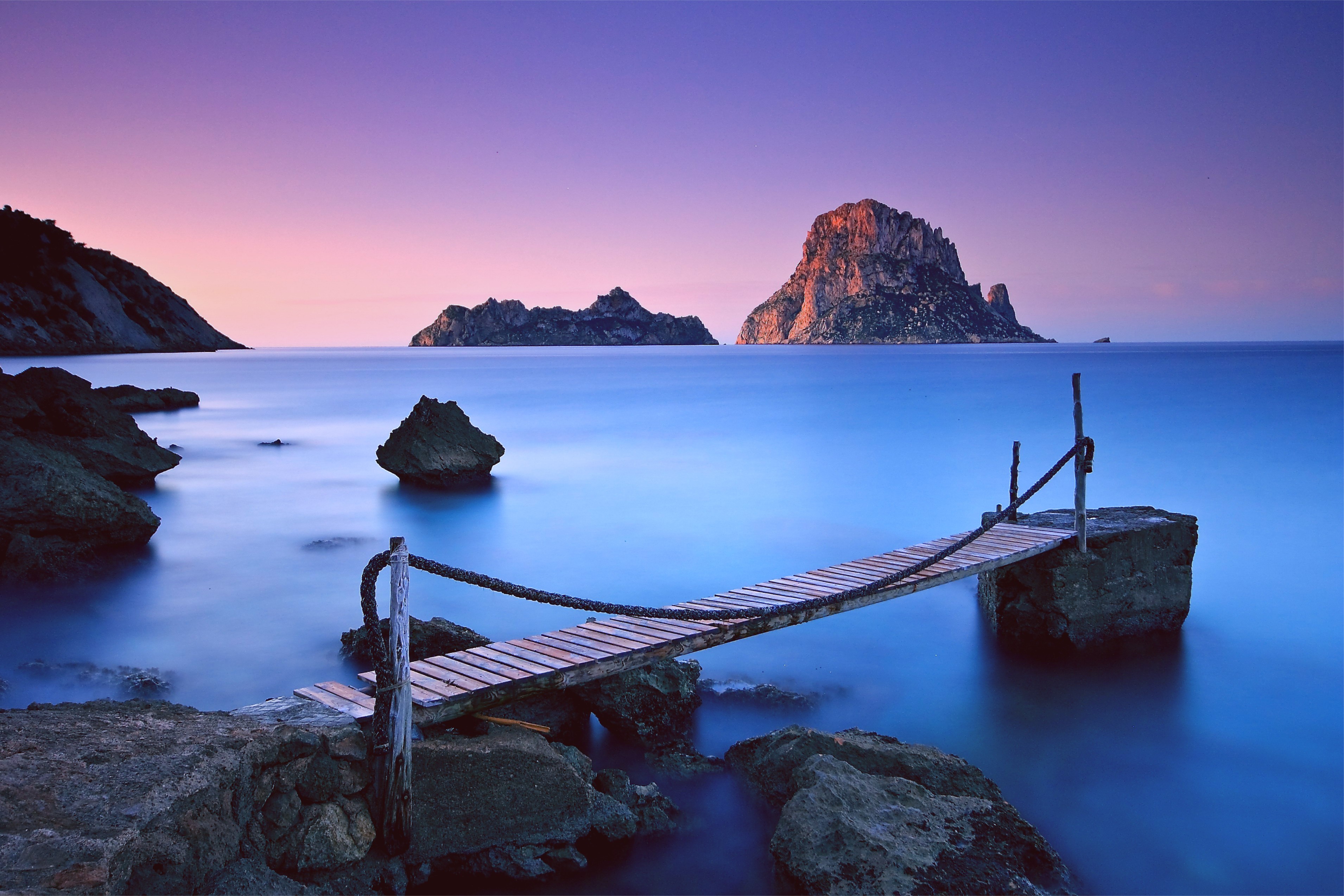 General 3820x2548 sea pier ropes horizon rocks sky pink blue island Ibiza nature coast