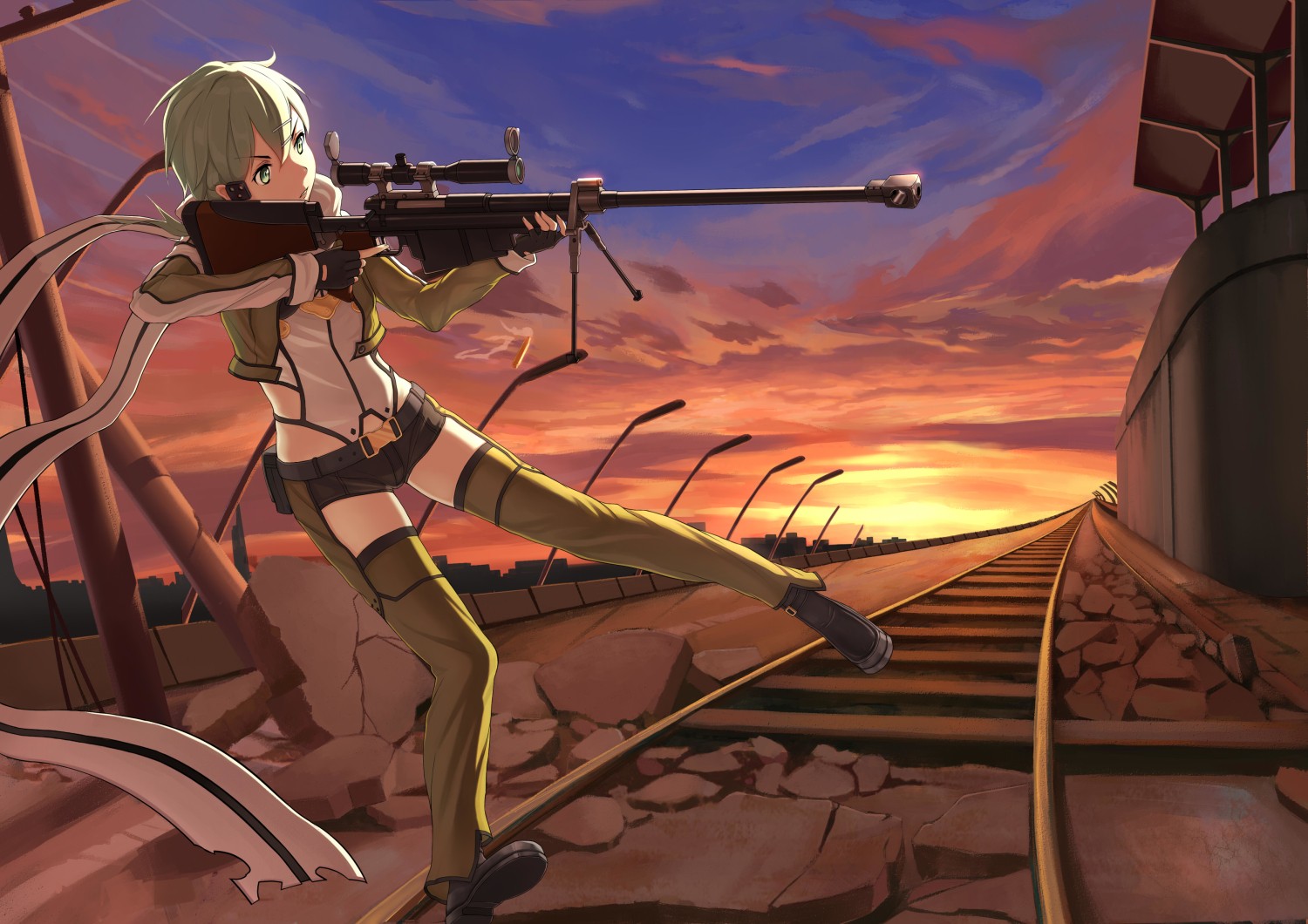 Anime 1500x1060 anime anime girls Sword Art Online Asada Shino short hair sniper rifle gun weapon girls with guns Pixiv rifles pants sky sunlight aiming