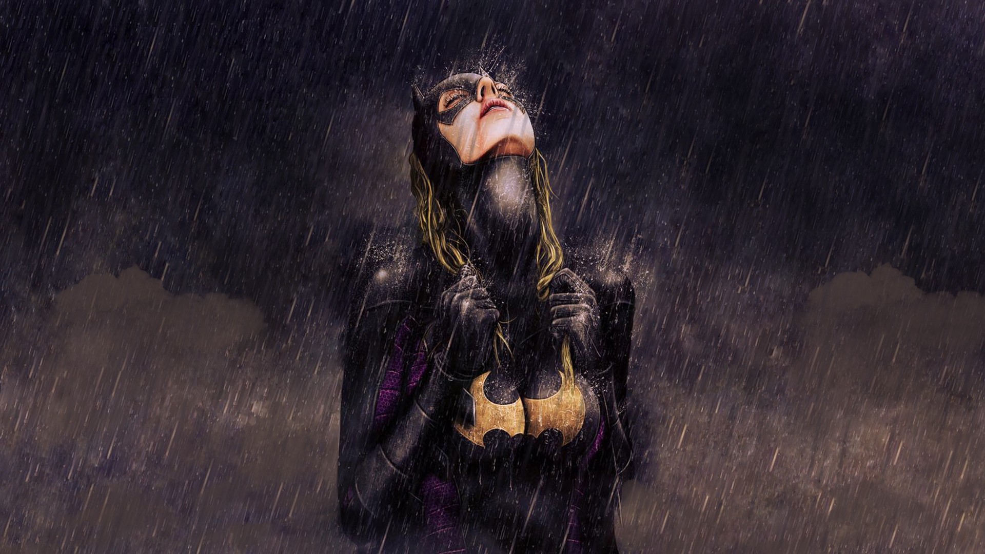 General 1920x1080 Batgirl fan art drawing artwork rain closed eyes Batman boobs wet wet hair long hair women big boobs