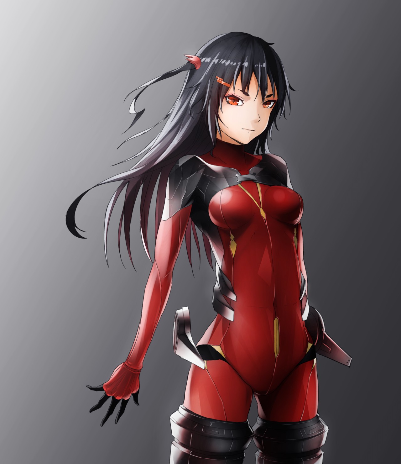 Long Hair Red Eyes Standing Looking At Viewer Dark Hair Anime Anime Girls Bodysuit Black