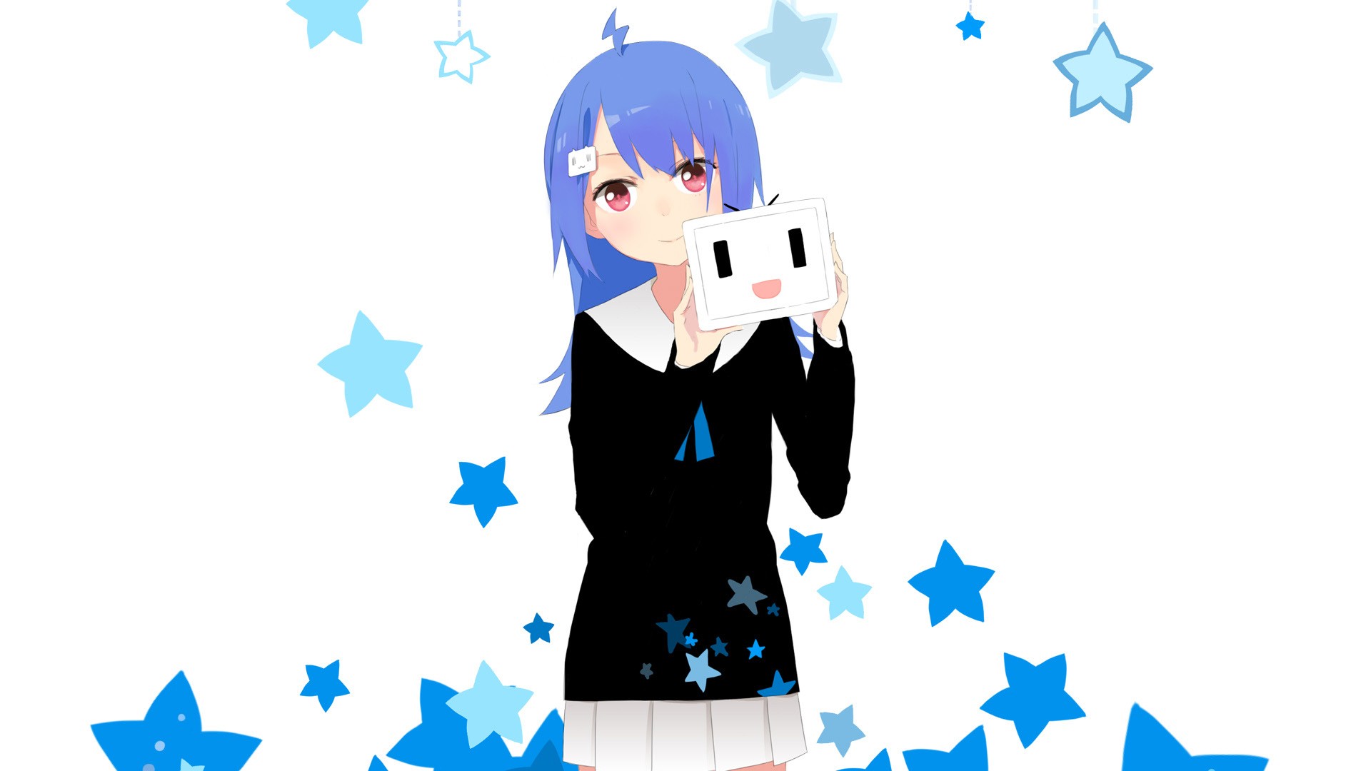 Anime 1920x1080 anime blue hair stars simple background white background