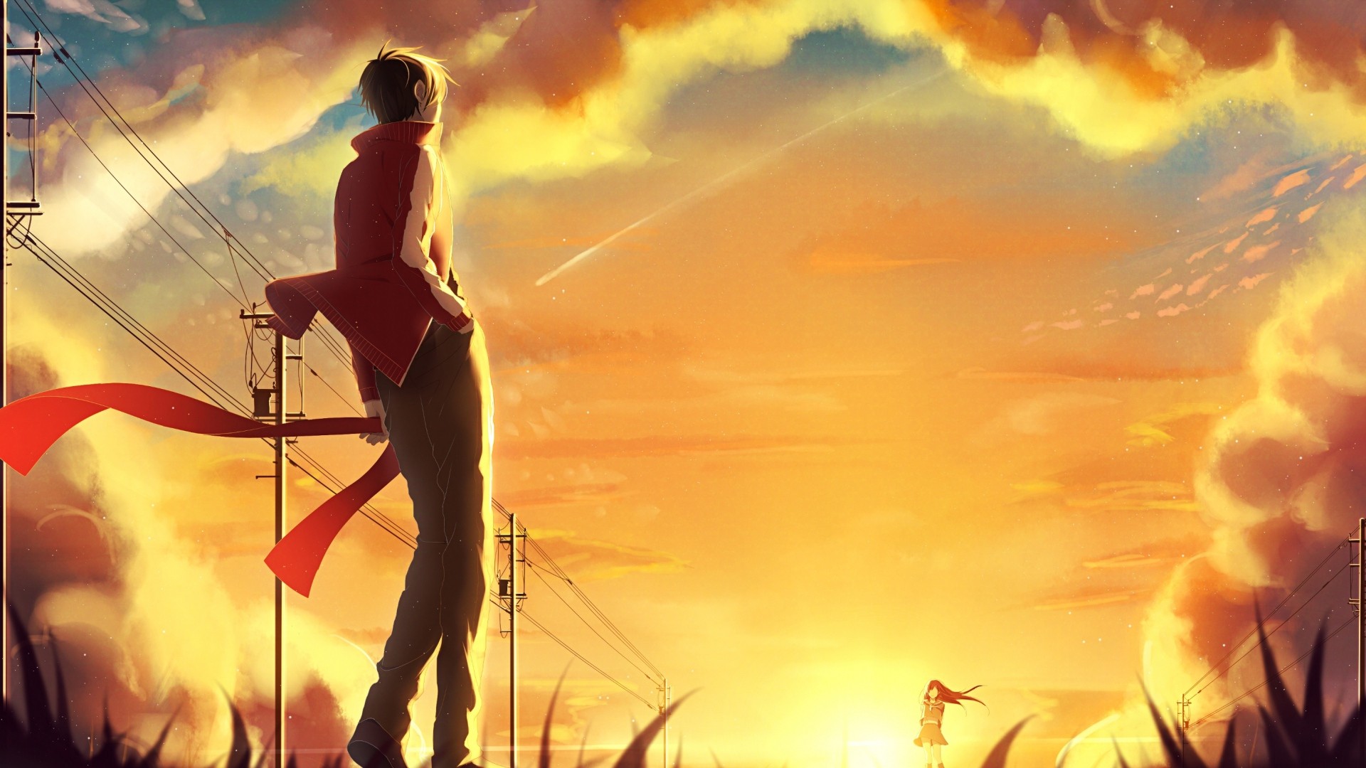 Anime 1920x1080 anime anime girls anime boys outdoors power lines sunlight orange sky sky