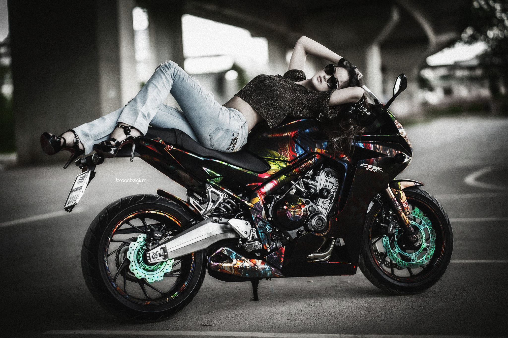 People 2048x1363 women with motorcycles motorcycle photo manipulation jordan belgium digital art women with glasses jeans high heels women vehicle Honda CBR selective coloring women with shades heels black heels black motorcycles women outdoors urban model