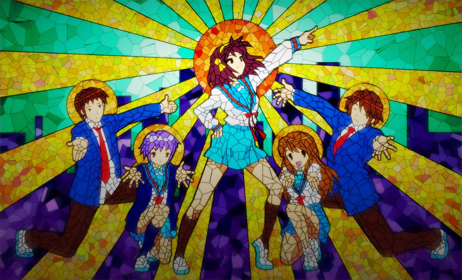 Anime 1485x900 The Melancholy of Haruhi Suzumiya Suzumiya Haruhi anime girls stained glass tie anime boys