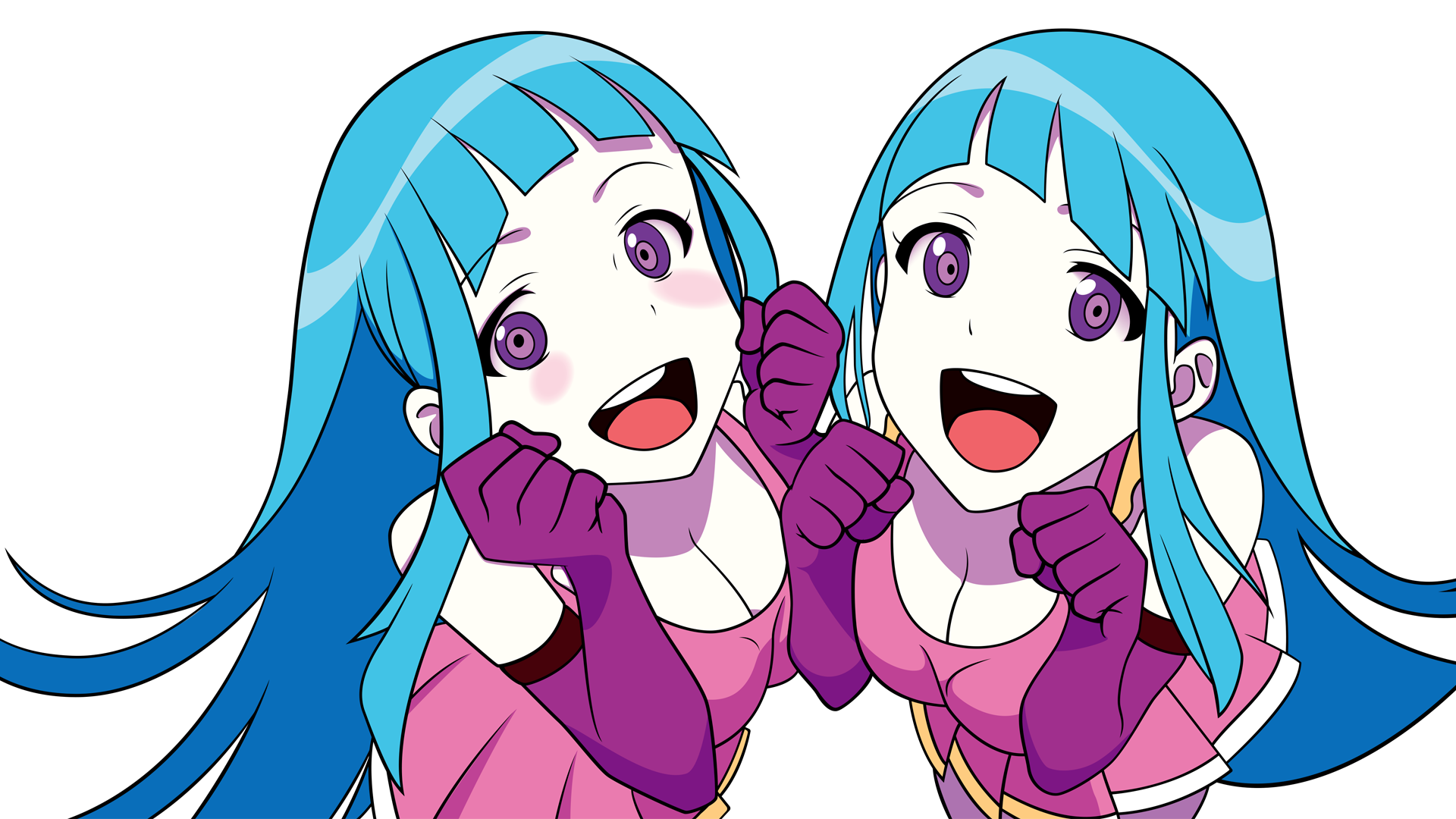Anime 1920x1080 ME! ME! ME! purple eyes black background cleavage TeddyLoid cyan hair anime girls anime two women simple background open mouth gloves looking at viewer long hair