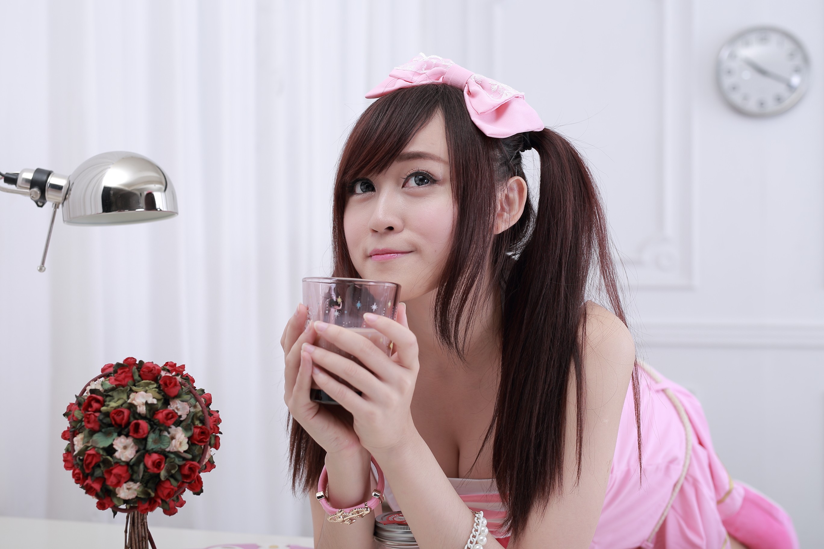 People 2736x1824 women Asian cleavage drinking glass looking up women indoors indoors hands dyed hair brunette model lamp