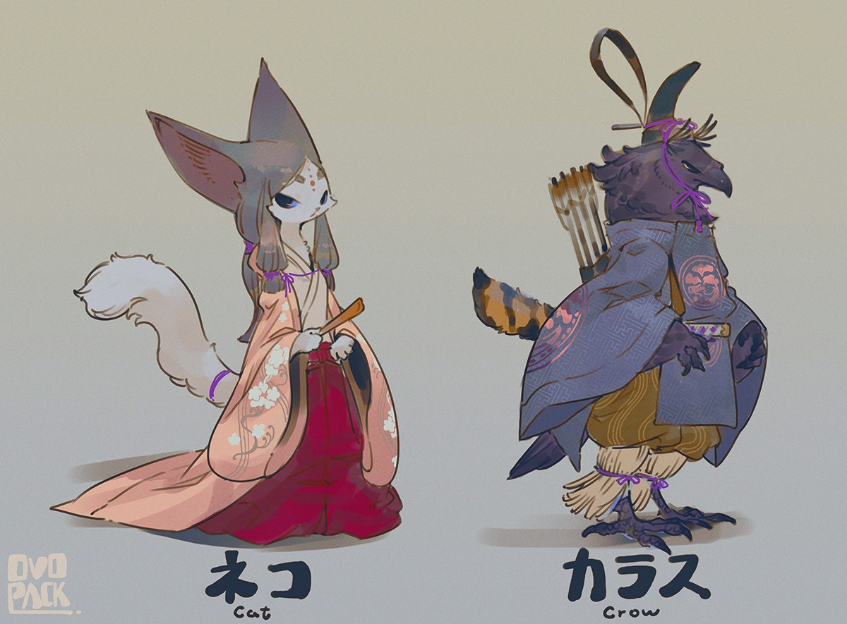 General 1200x885 artwork digital art cats crow birds tail animal ears kimono bow and arrow Anthro furry ovopack