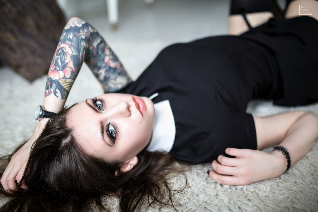 People 1280x853 women model on the floor hands on head black dress tattoo looking at viewer garter belt black stockings