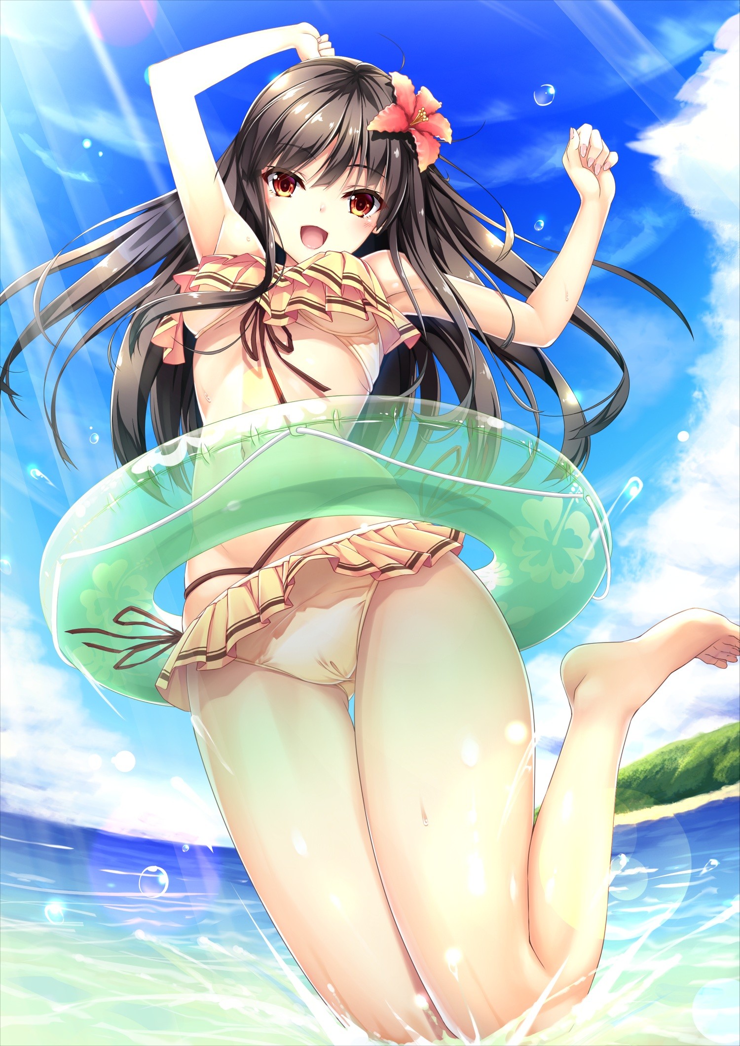 Anime 1500x2121 anime anime girls bikini cameltoe feet underboob wet long hair orange eyes legs sea water