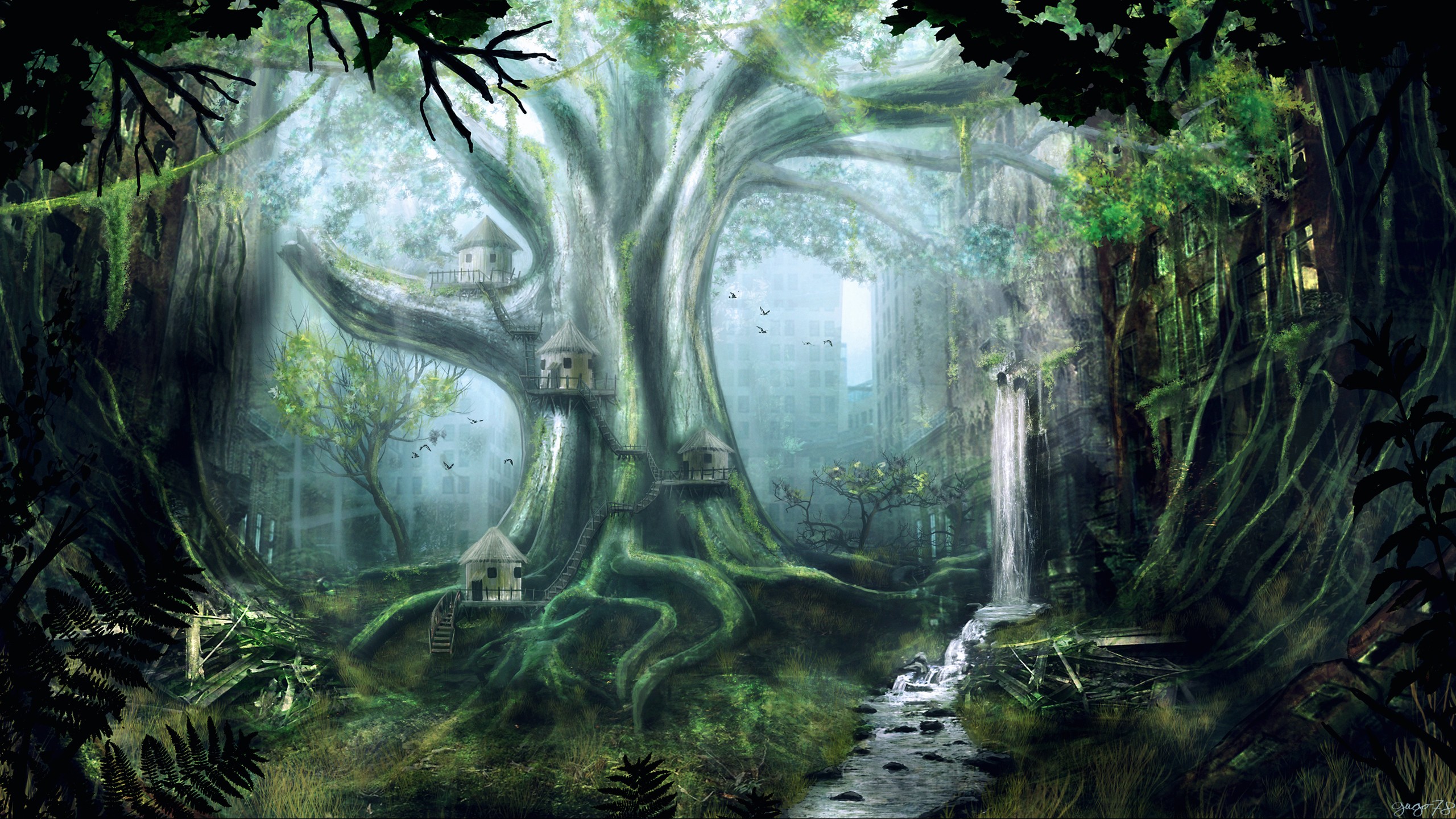 General 2560x1440 artwork apocalyptic ruins trees waterfall city