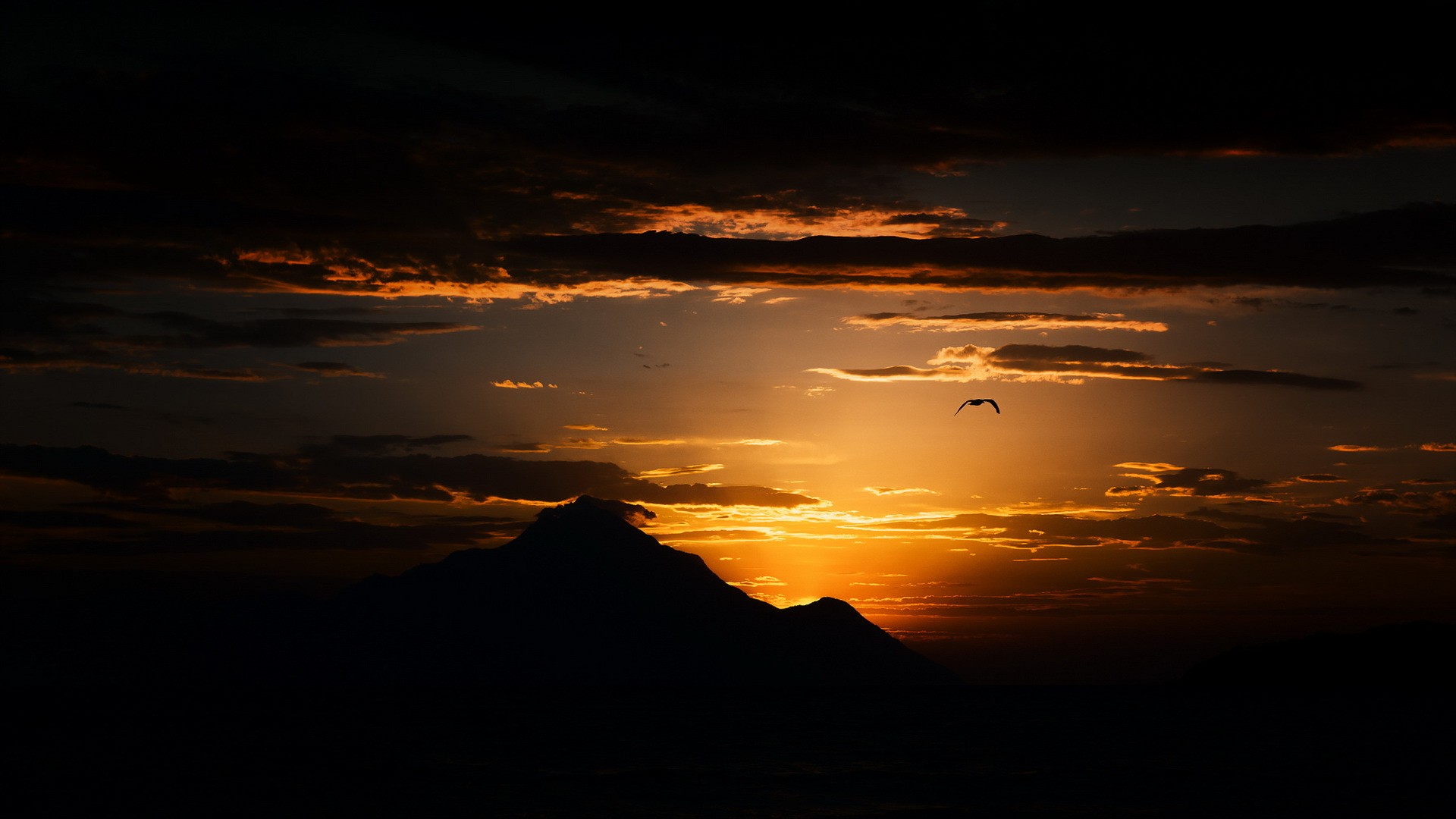 General 1920x1080 landscape mountains sunset silhouette birds horizon low light