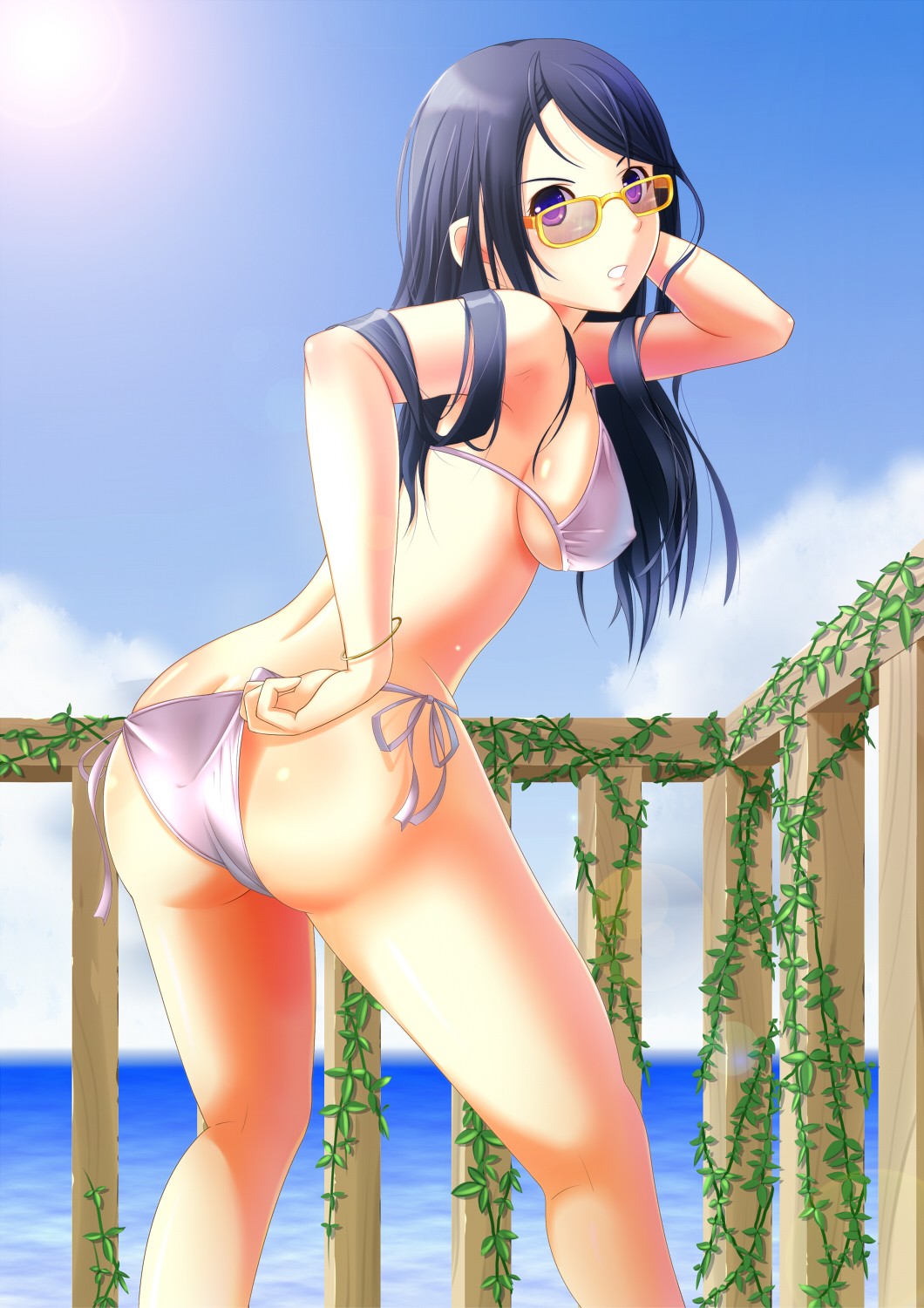 Anime 1060x1500 anime anime girls long hair bikini ass legs glasses sea dark hair purple eyes sideboob nipple bulge big boobs U Jie