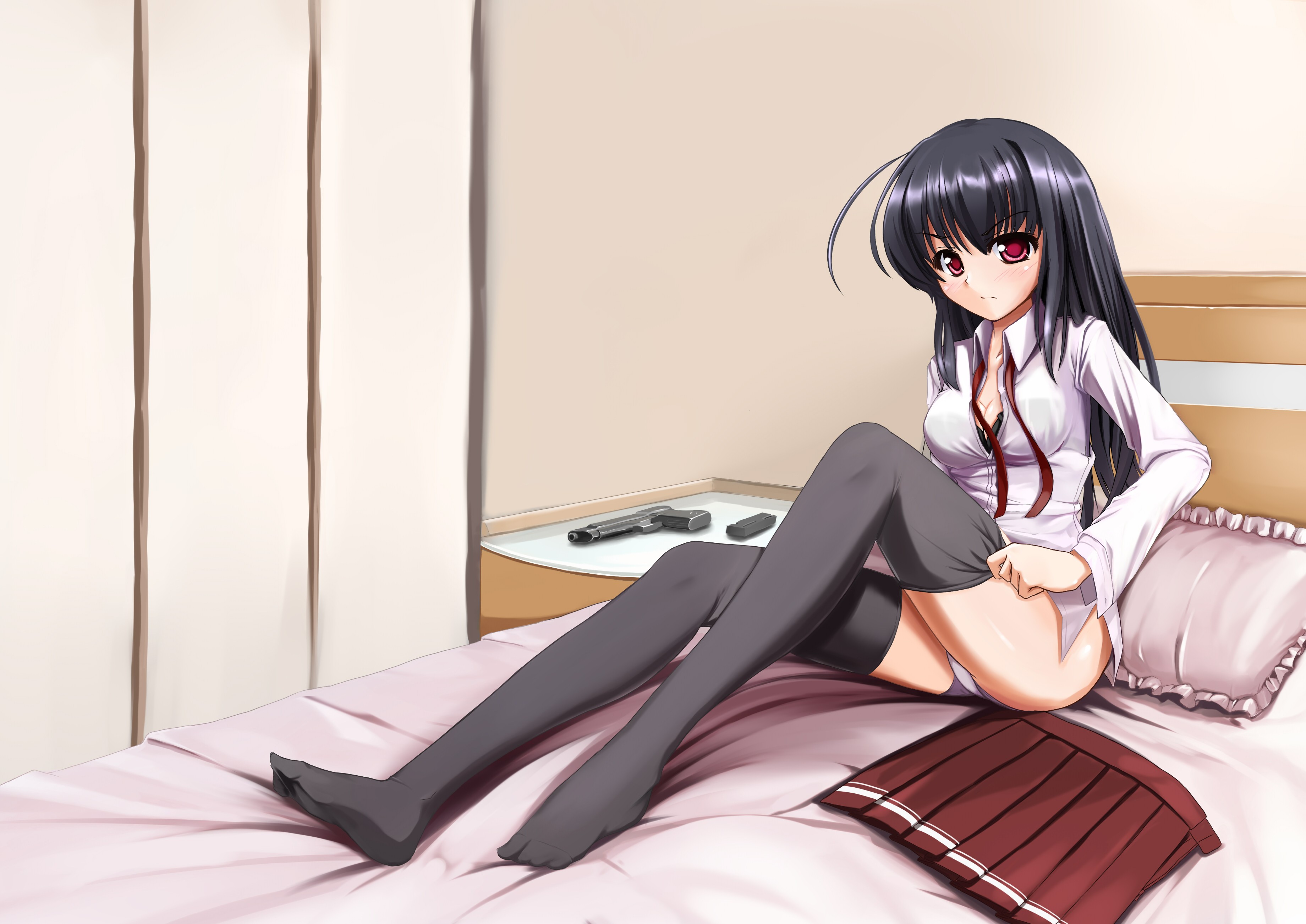 Anime 3680x2603 anime anime girls underwear stockings long hair black hair red eyes open shirt in bed weapon gun thigh-highs school uniform Yumemi