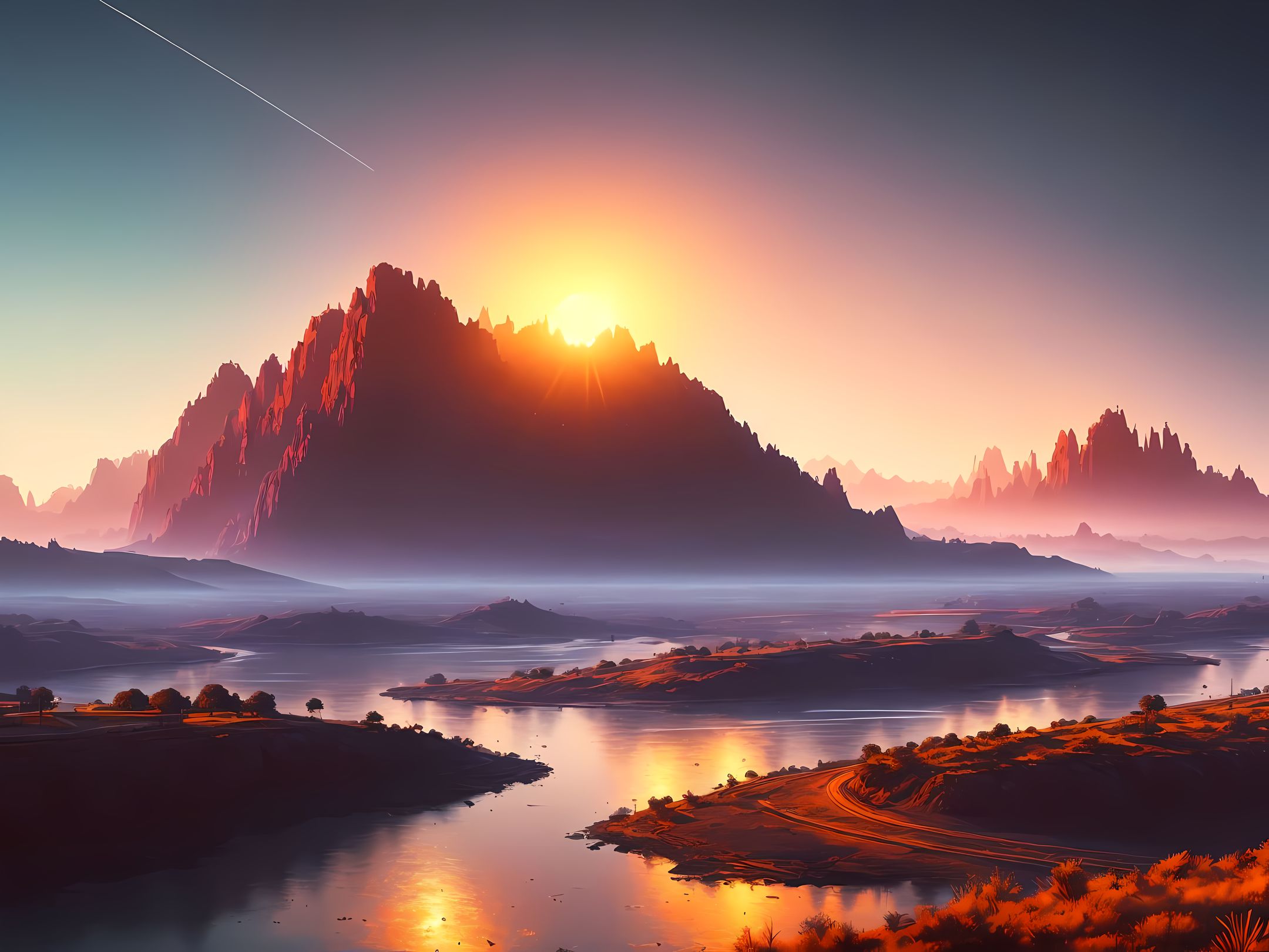 General 2160x1620 landscape AI art Stable Diffusion mountains painting water Sun sunrise nature