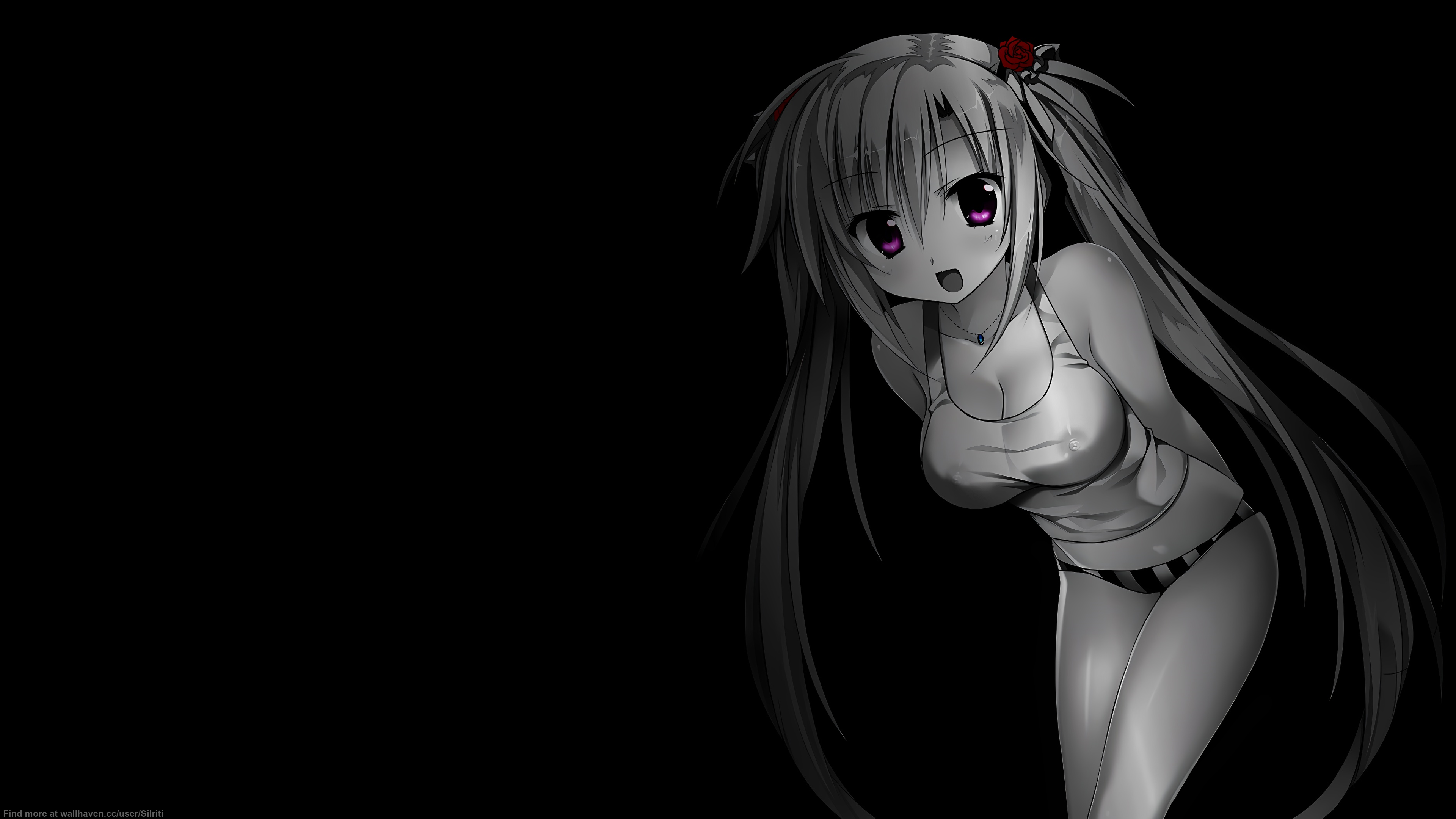 Anime 3840x2160 simple background black background dark background selective coloring anime girls minimalism skimpy clothes panties twintails cleavage big boobs flower in hair long hair
