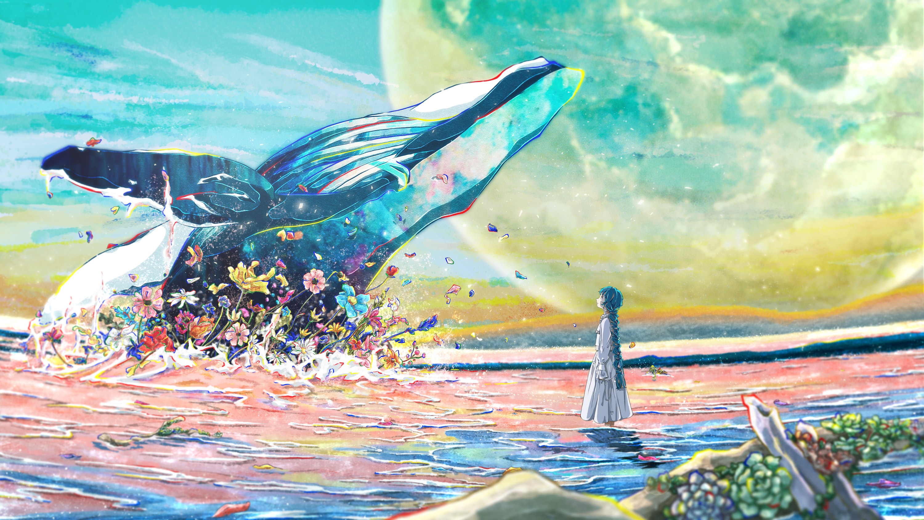 Anime 3000x1688 digital art artwork illustration anime whale animals women sea flowers Moon abstract anime girls nature water