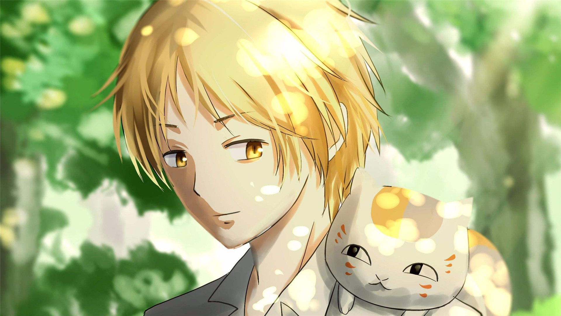 Anime 1920x1080 Natsume Yuujinchou anime boys cats animals trees blonde yellow eyes sunlight