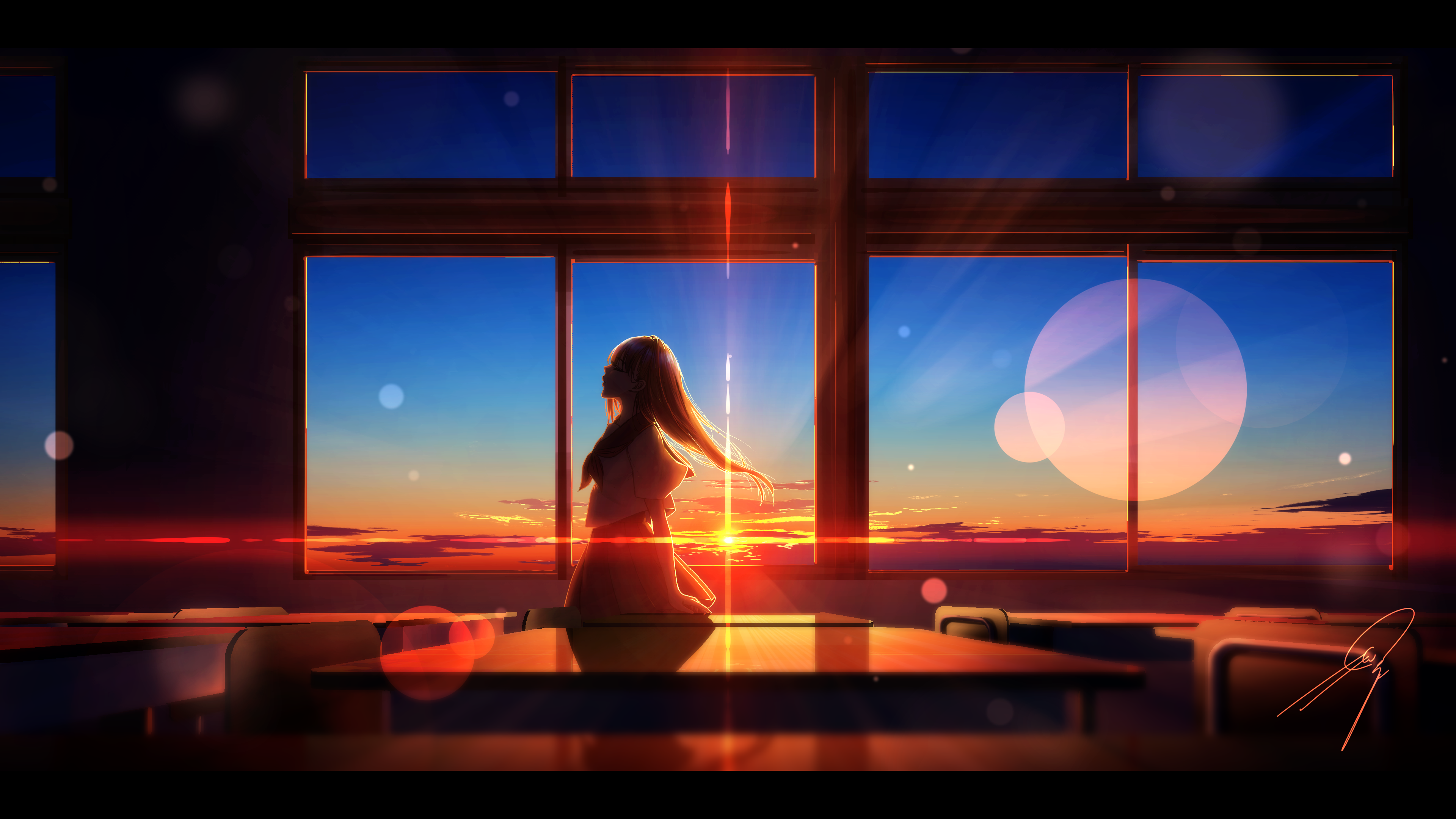 Anime 3840x2160 Nengoro classroom sunset sunset glow anime anime girls schoolgirl school uniform window