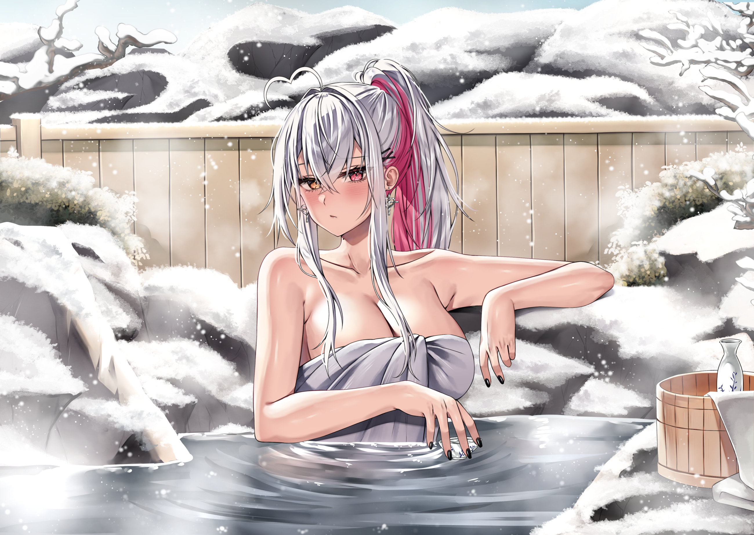 Anime 2600x1846 Vitaminechan anime girls in water bathing water towel cleavage big boobs two tone hair ponytail snow painted nails looking at viewer heterochromia