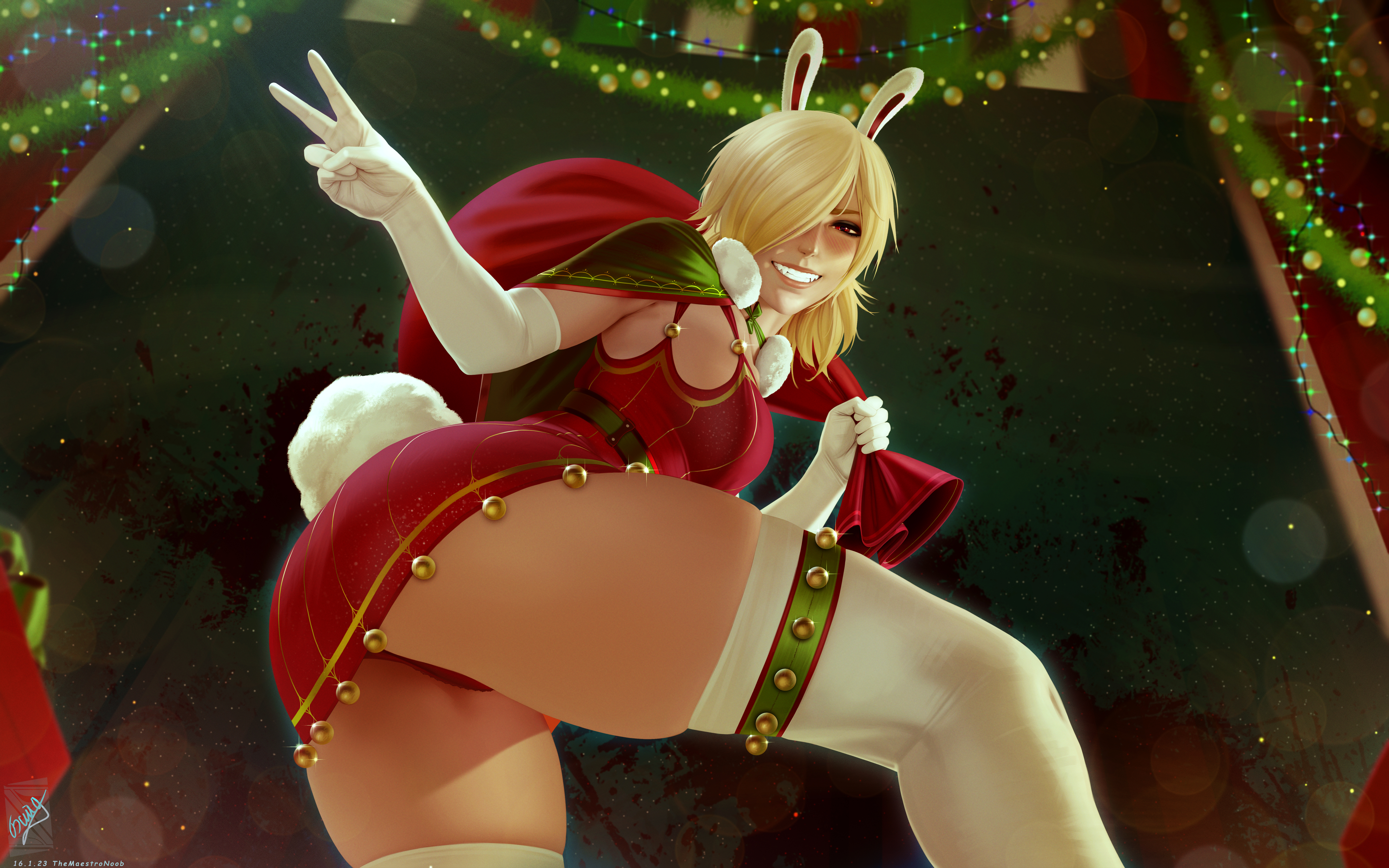 Anime 6000x3750 Seras Victoria Hellsing anime anime girls 2D artwork drawing fan art TheMaestroNoob Christmas Christmas clothes upskirt bunny ears stockings ass red panties thighs elbow gloves low-angle peace sign bunny tail hair over one eye Christmas presents